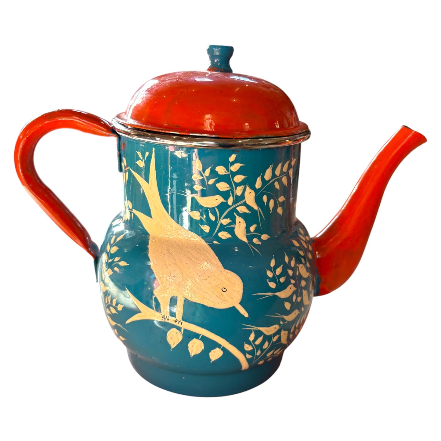 Blue and red hand painted enamel teapot