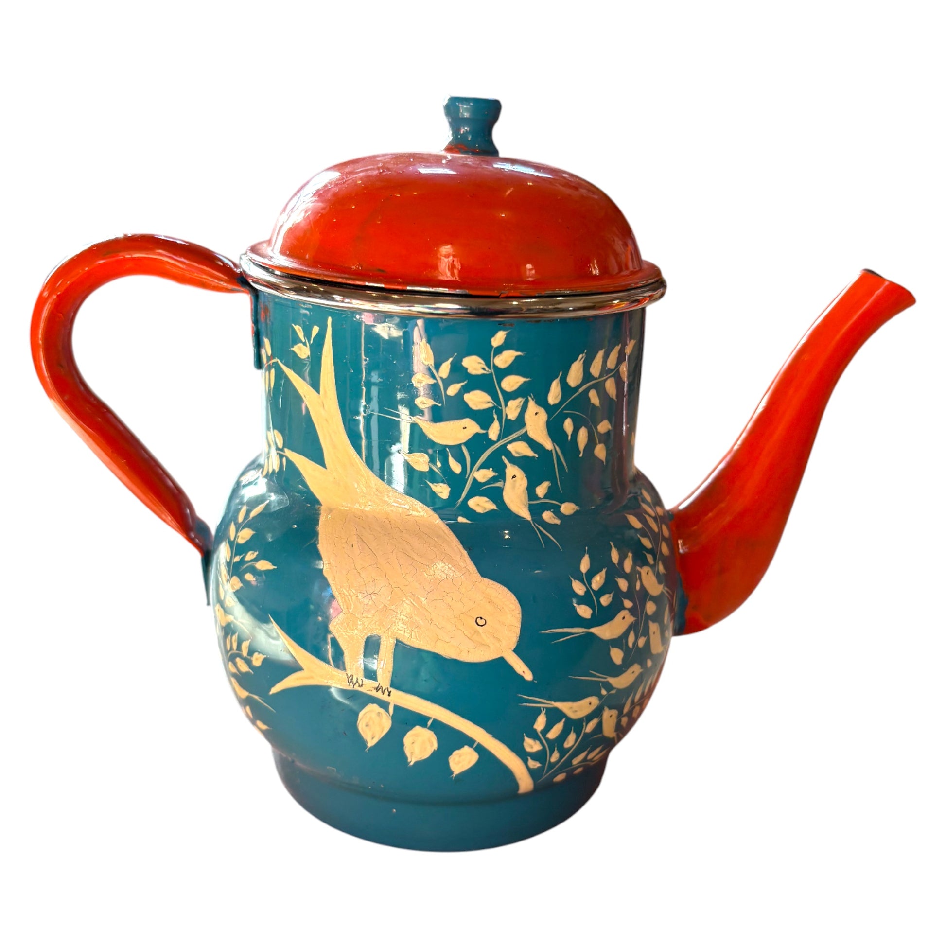 Blue and red hand painted enamel teapot