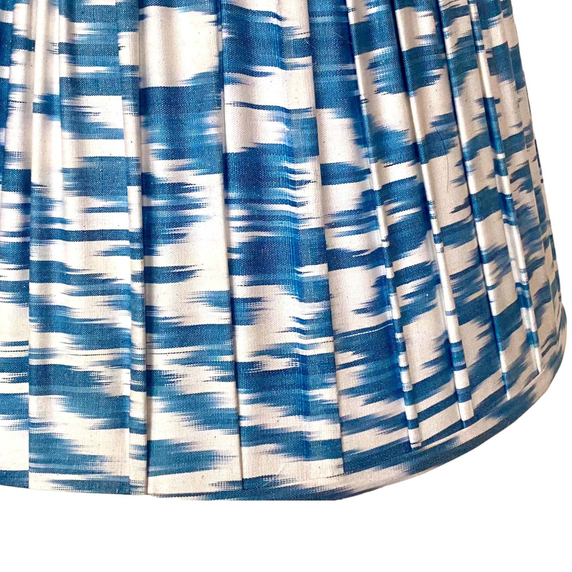Blue and white ikat silk lampshade close up