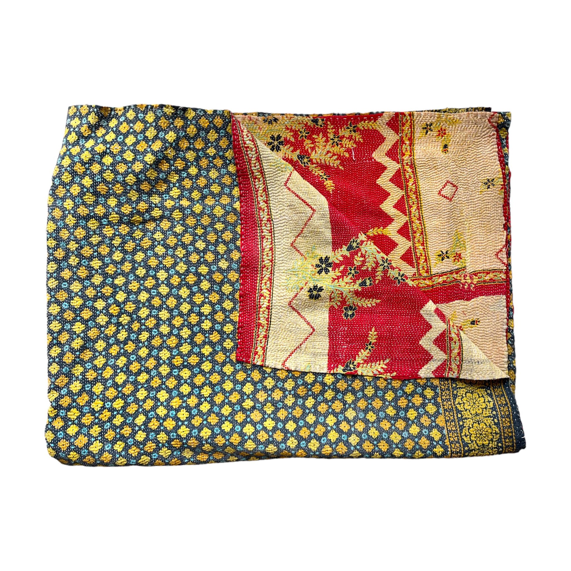 Blue and yellow kantha quilt