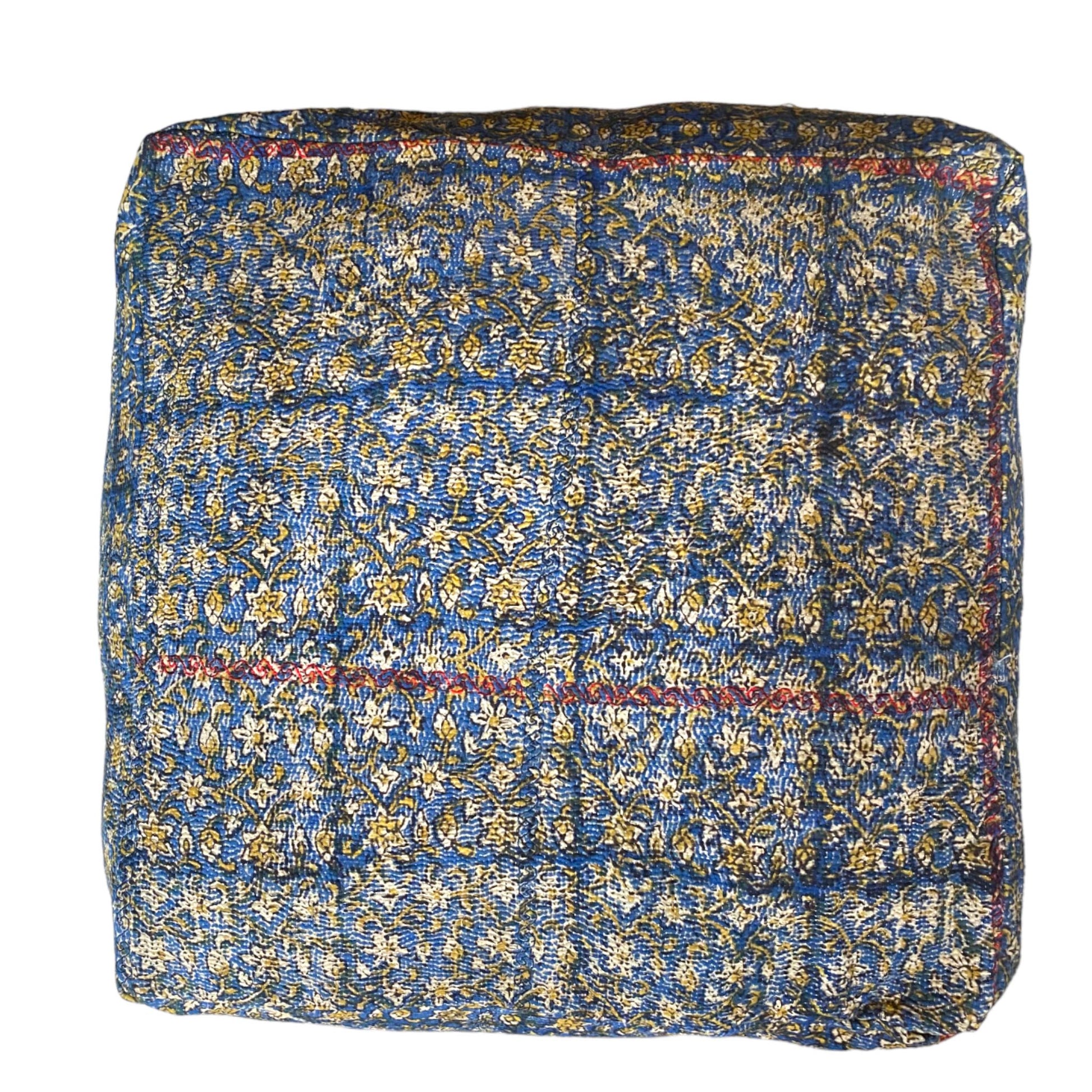 Blue and yellow kantha floor cushion