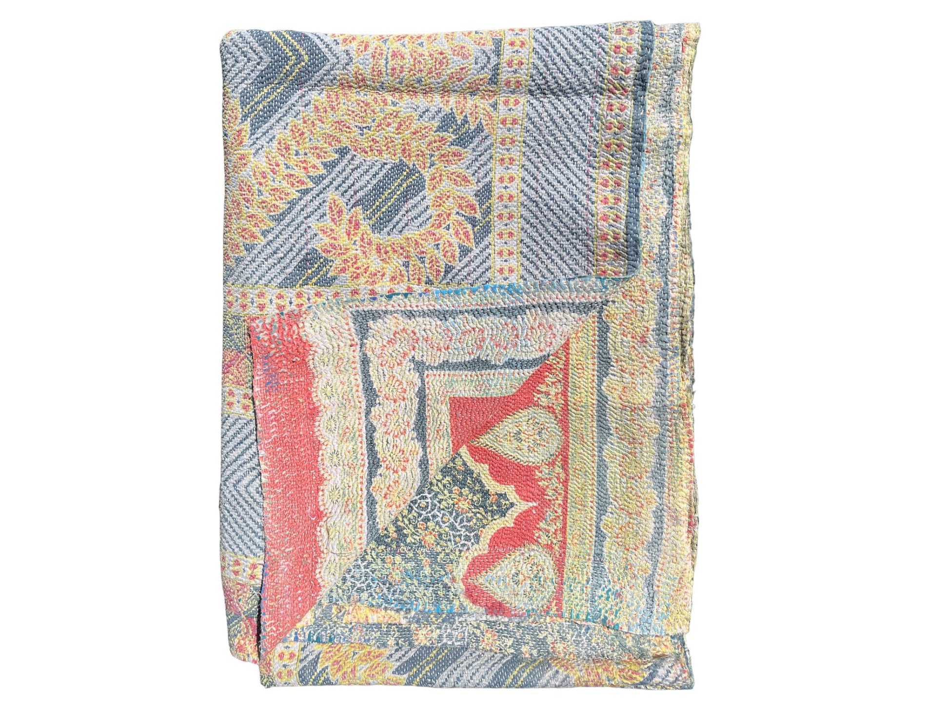 Blue and yellow kantha folded 