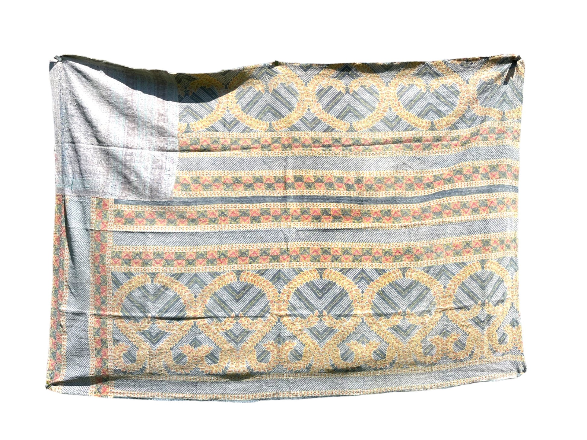 Blue and yellow kantha quilt