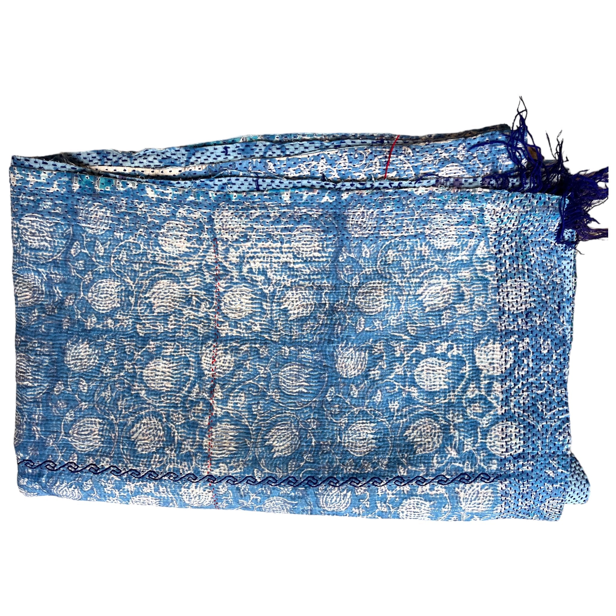 Blue Hand Block Printed Quilt Handmade Pure Kantha Quilt, Vintage Jaipuri Soft Cotton Kantha Quilt 90