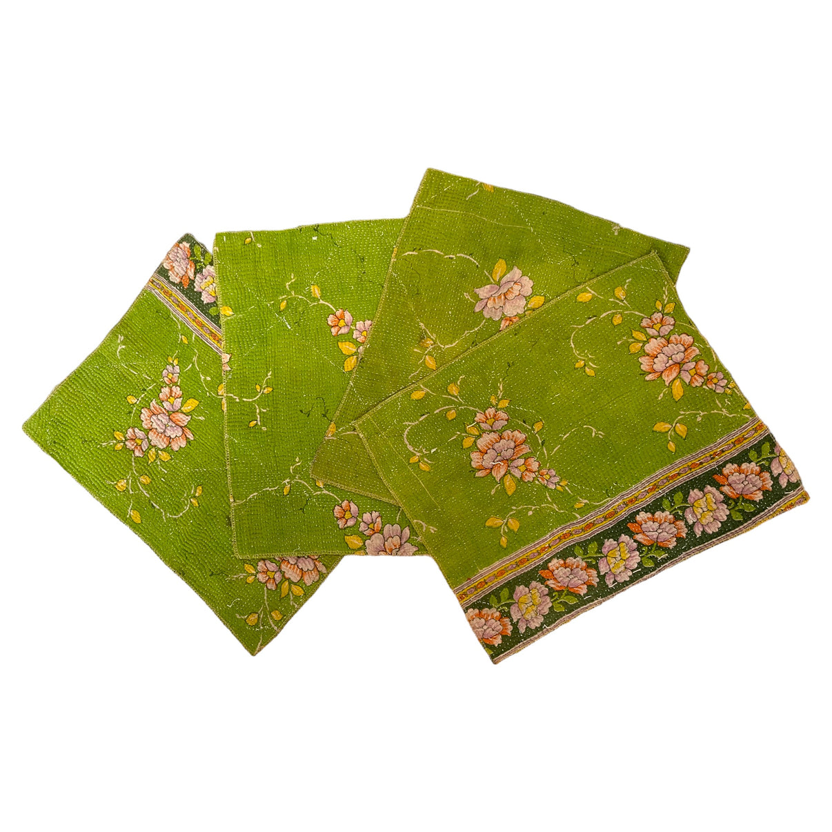Bright Green Vintage Kantha Placemats Samarkand Design