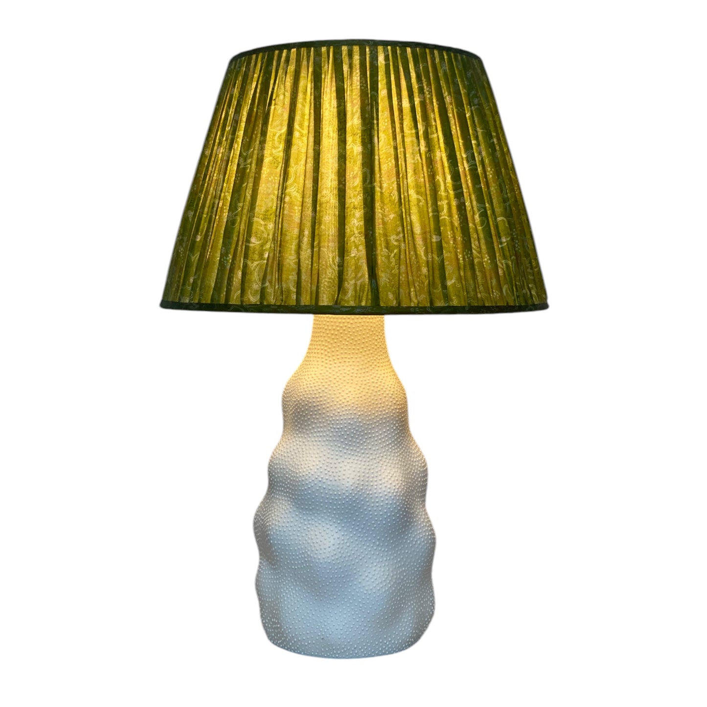 Bright green silk sari lampshade on Iki lamp