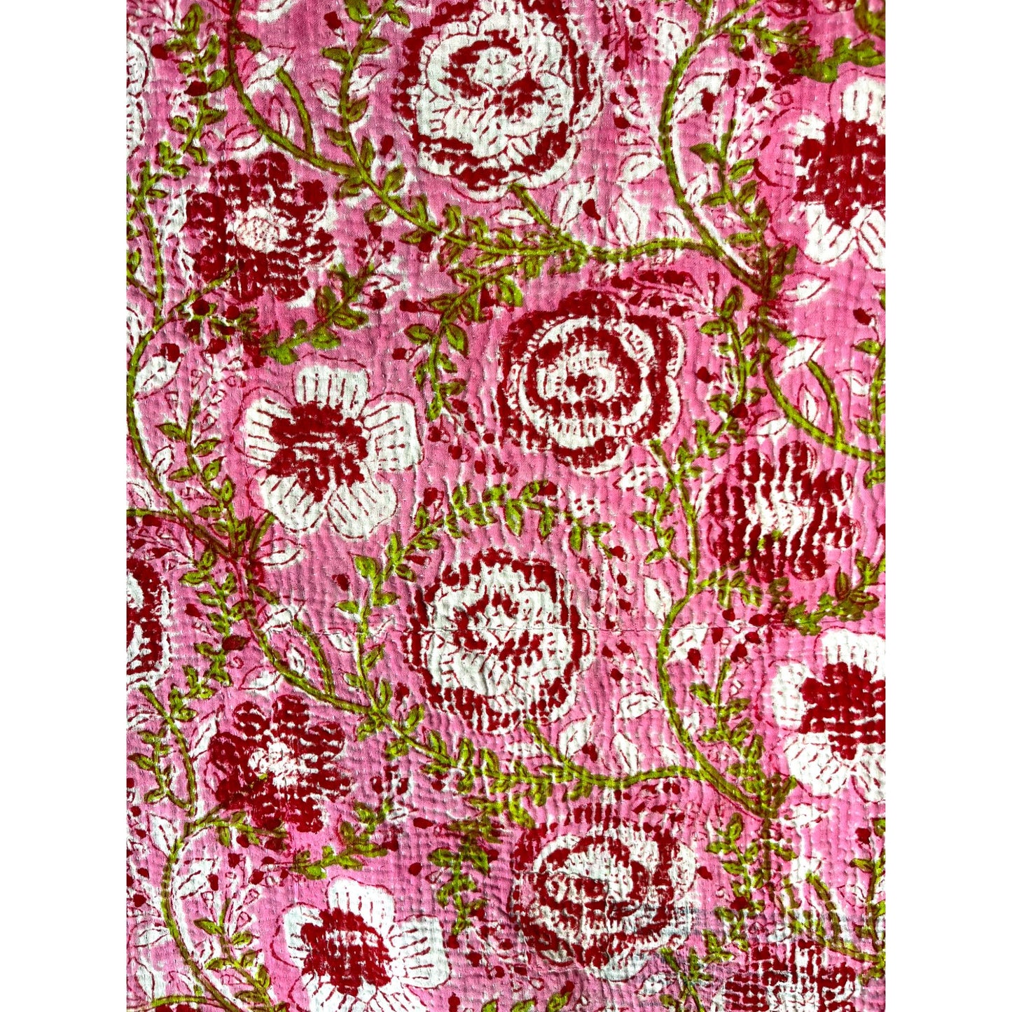 close up pink block print kantha