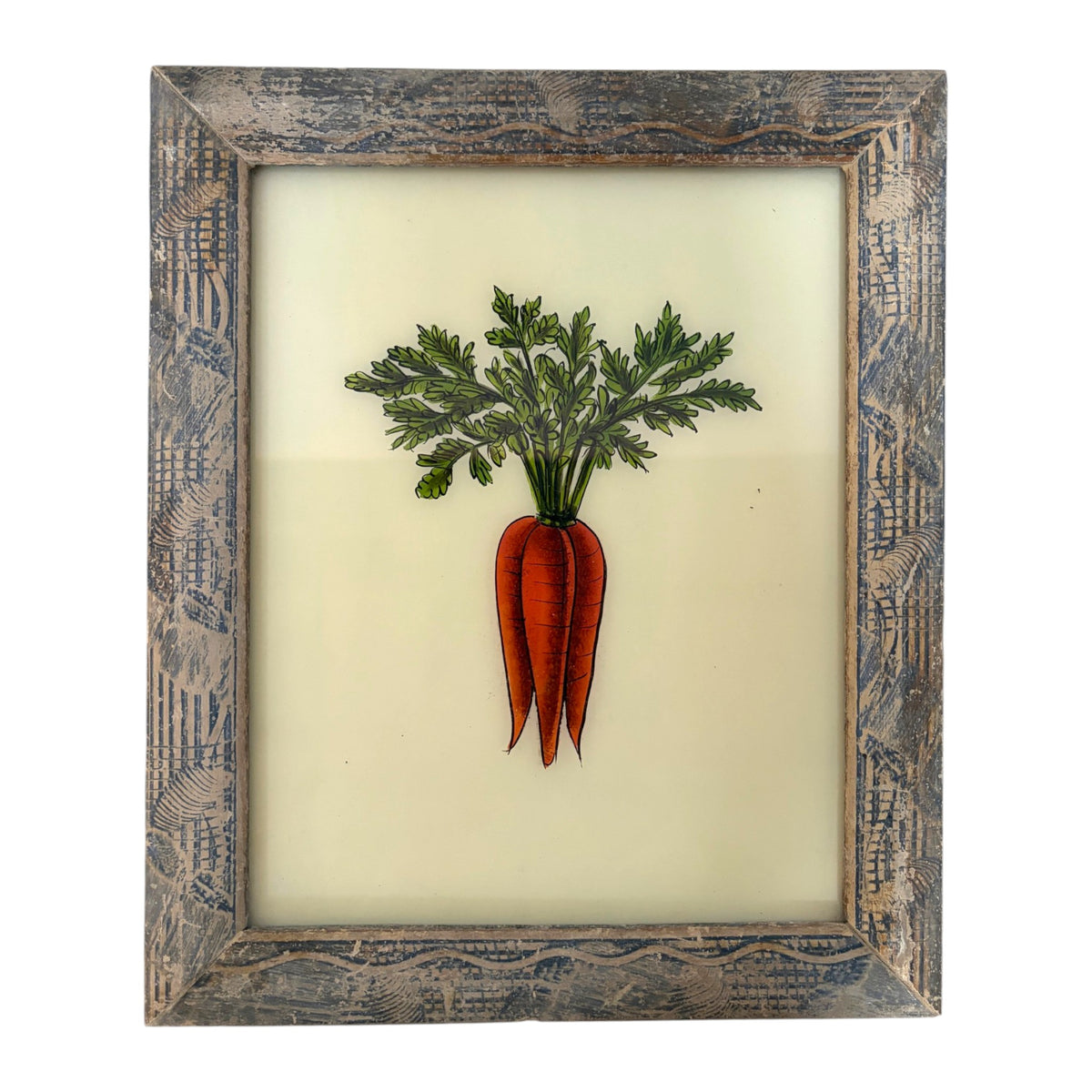 A framed botanical art print featuring three orange carrots with green leafy tops on an off-white background, enclosed in a distressed rustic wooden frame.