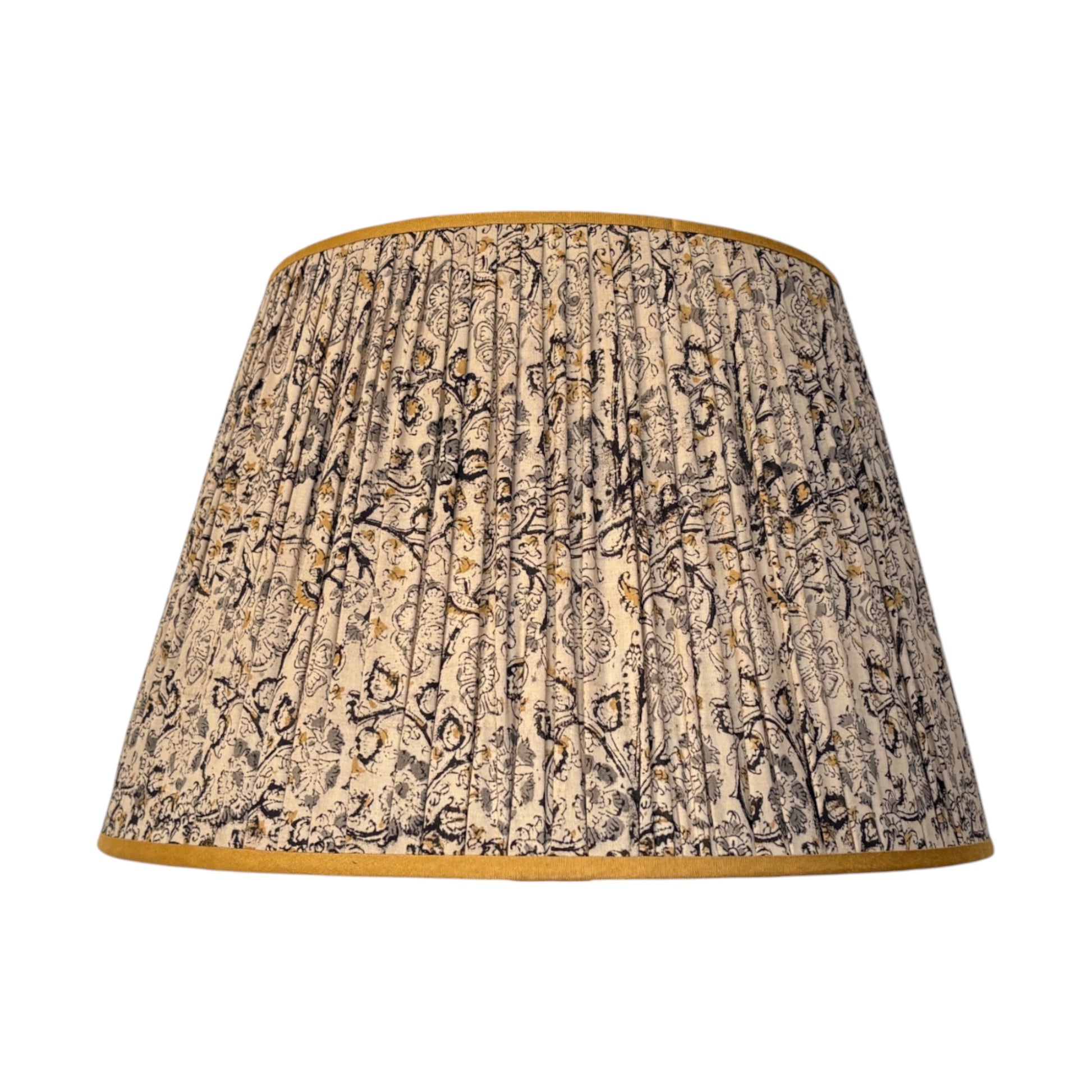 charcoal and ochre kalamkari cotton lampshade