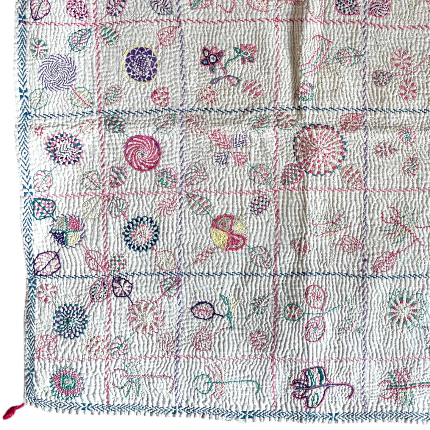 Close up nakshi square kantha quilt