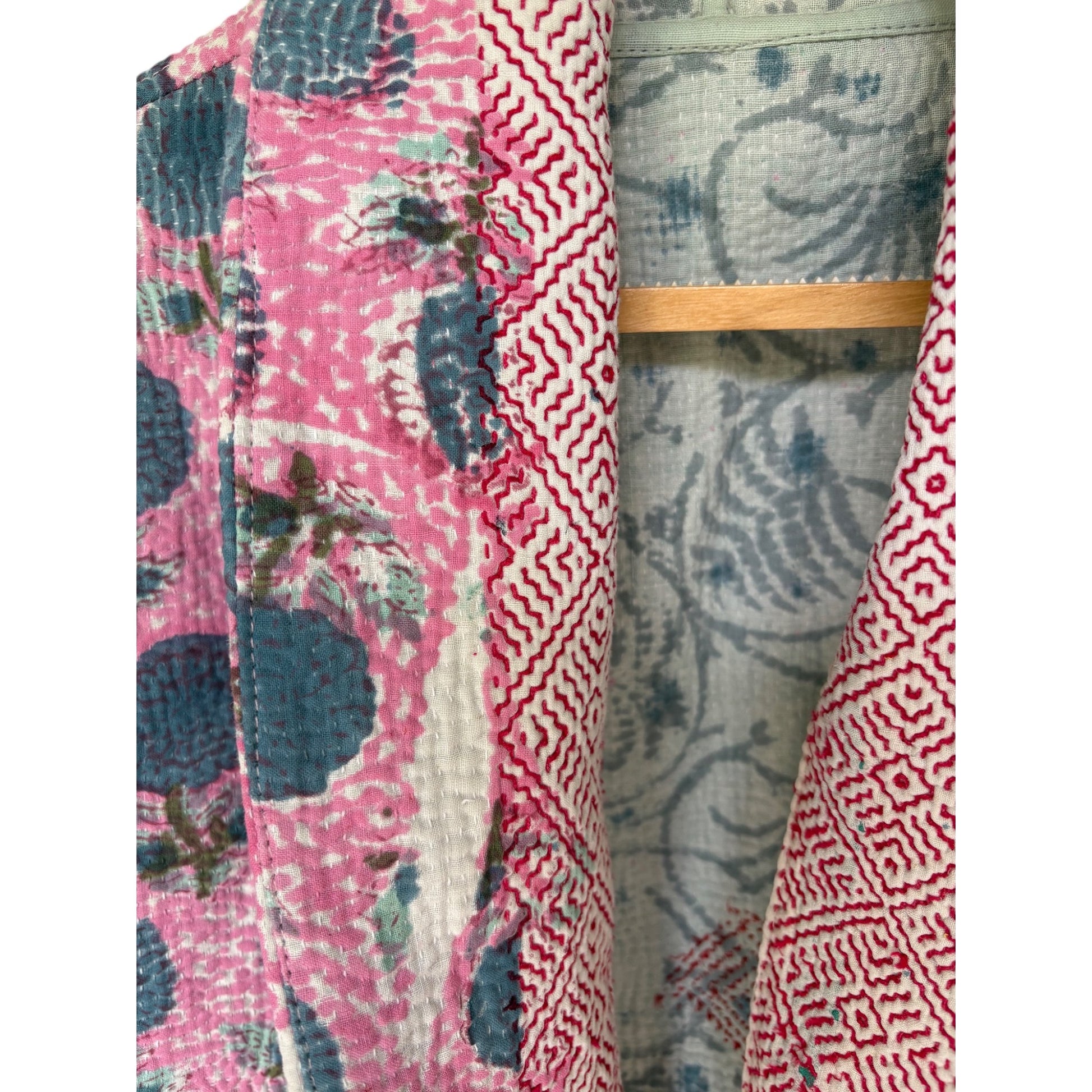 pink block print kantha coat close up