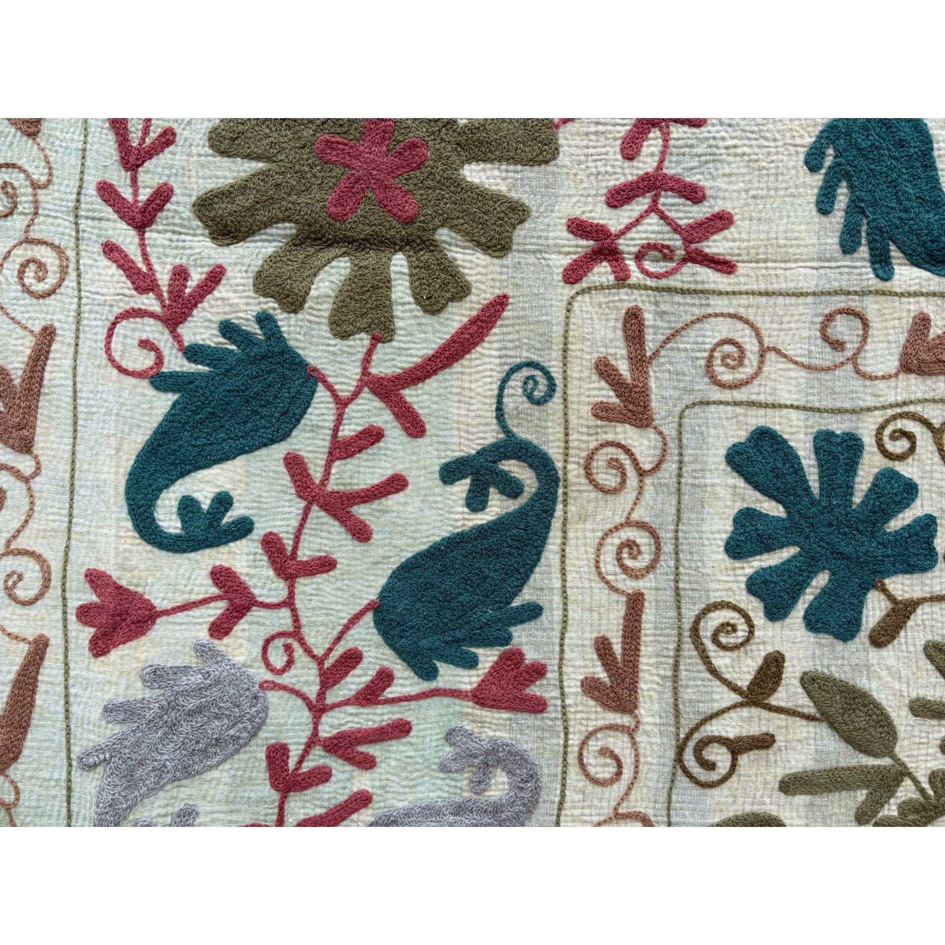 Close-up of a patterned fabric with floral and leaf designs.
