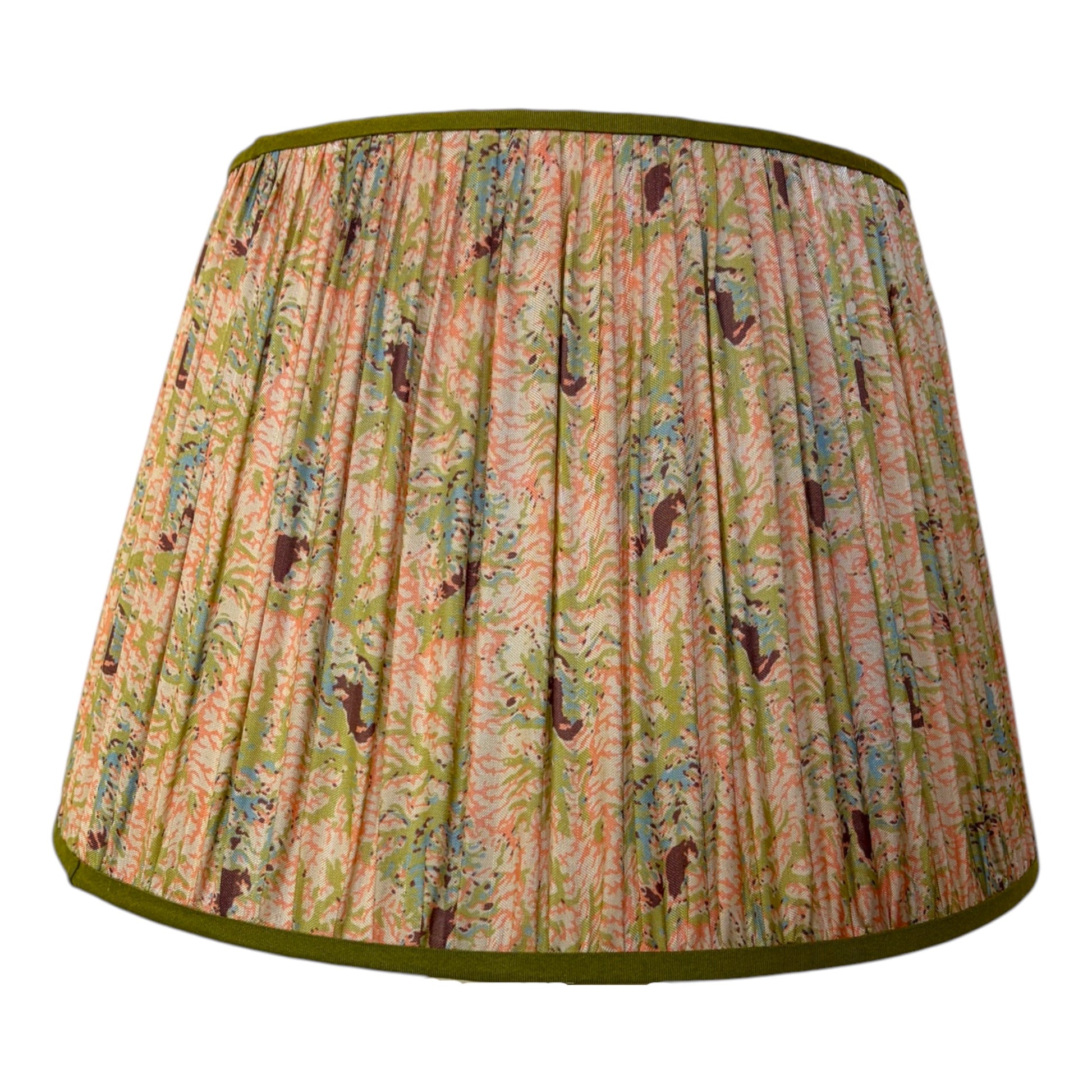 Hand-pleated silk lampshade in coral, sage green and blue seaweed print with olive edge trim.