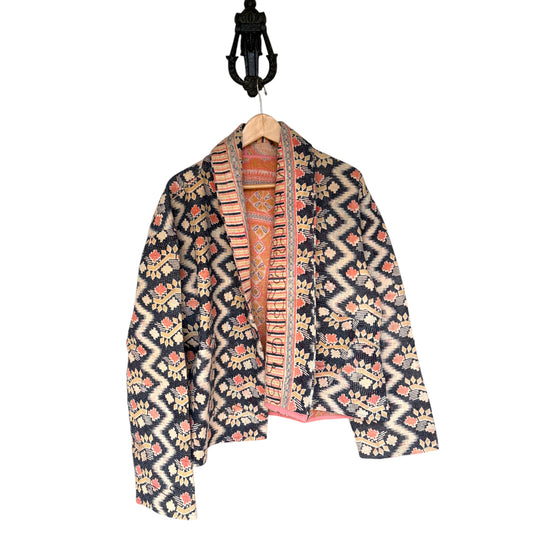 Navy and coral kantha coat