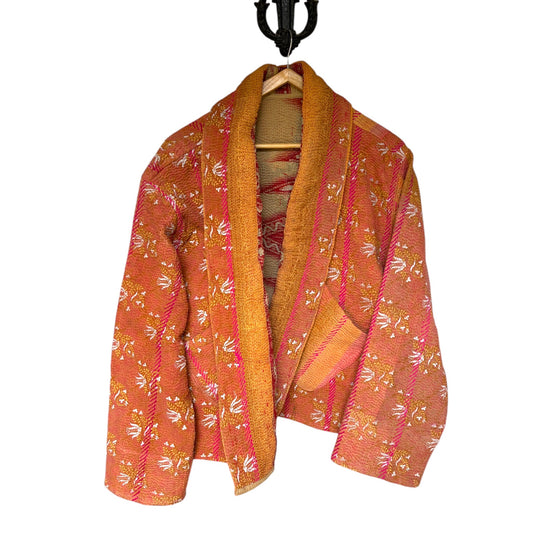 Coral and ochre short kantha coat