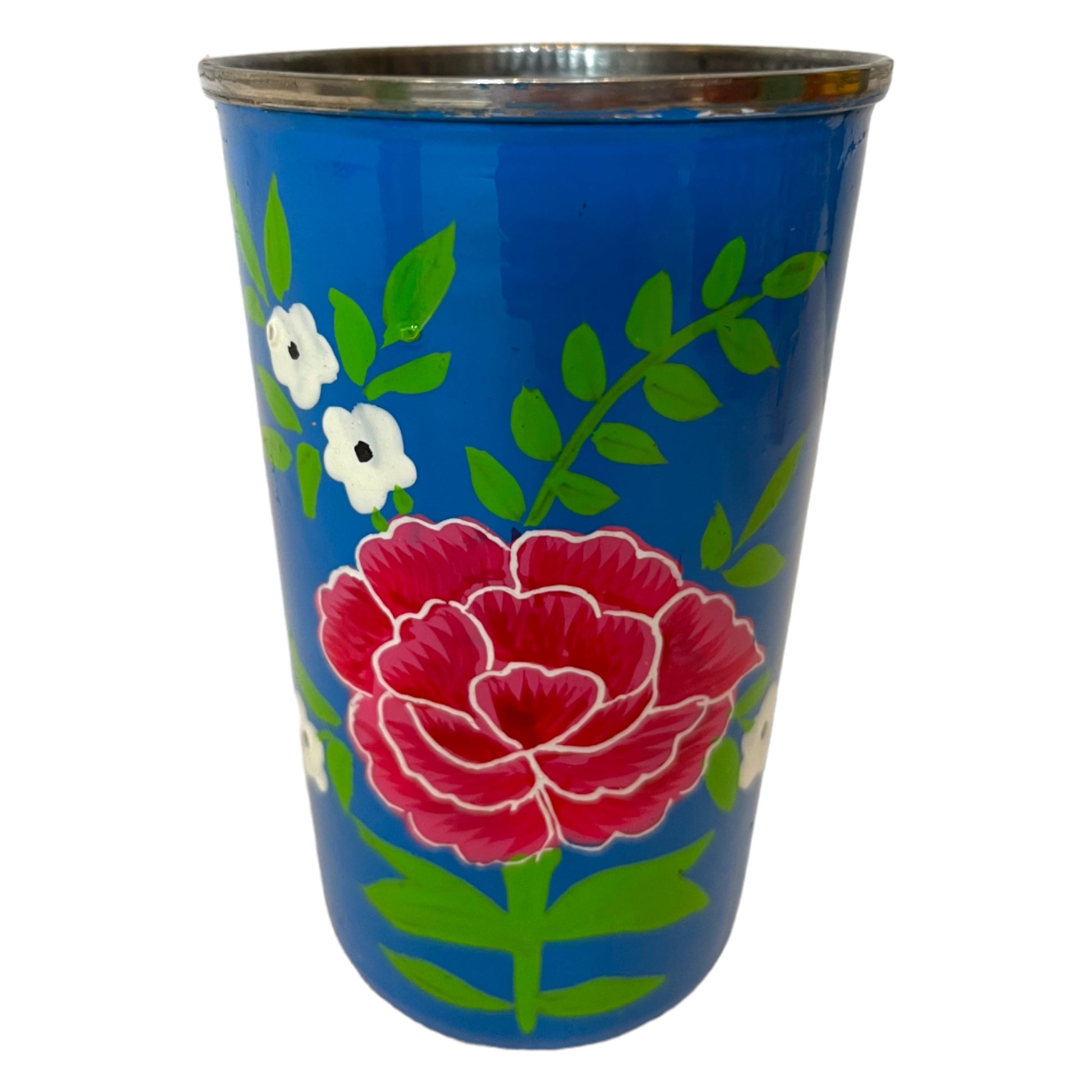 Dark blue floral enamel cup