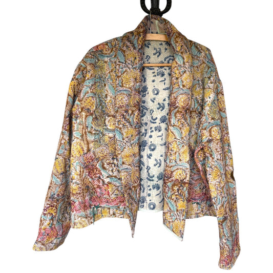 Denim block print kantha coat short
