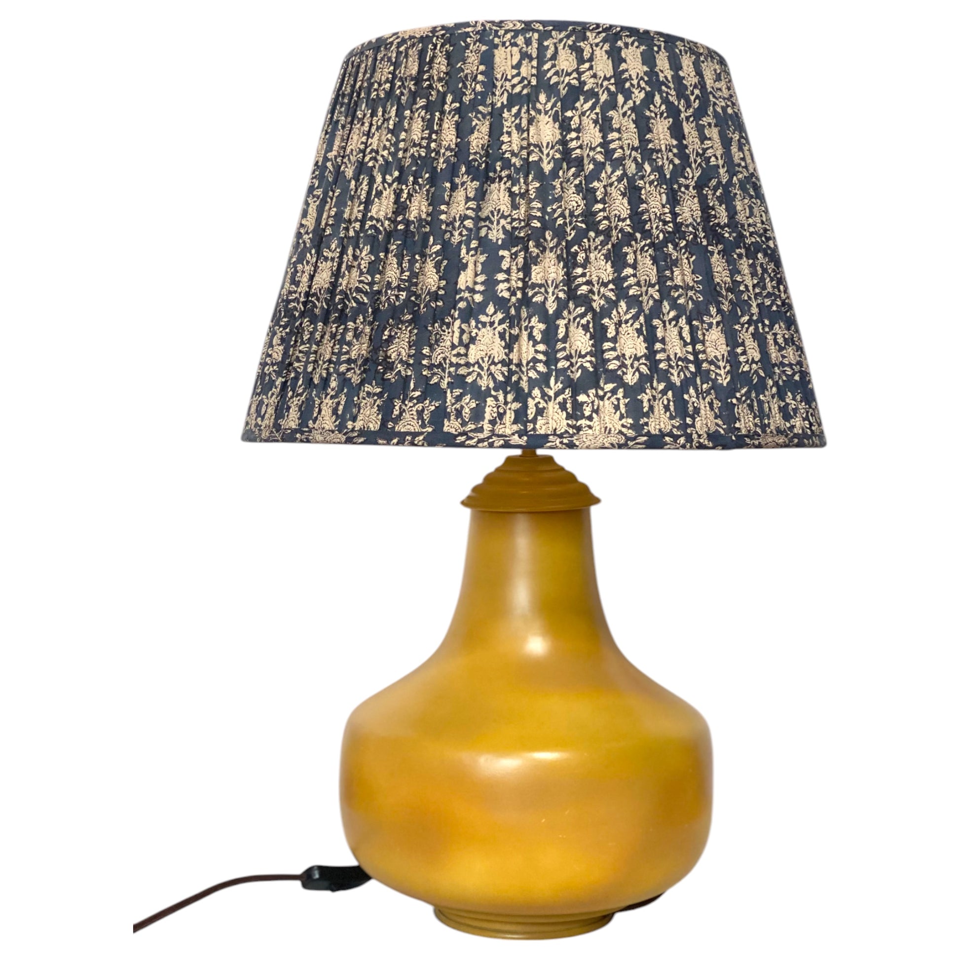 Denim kalamkari lampshade on priyanka lamp