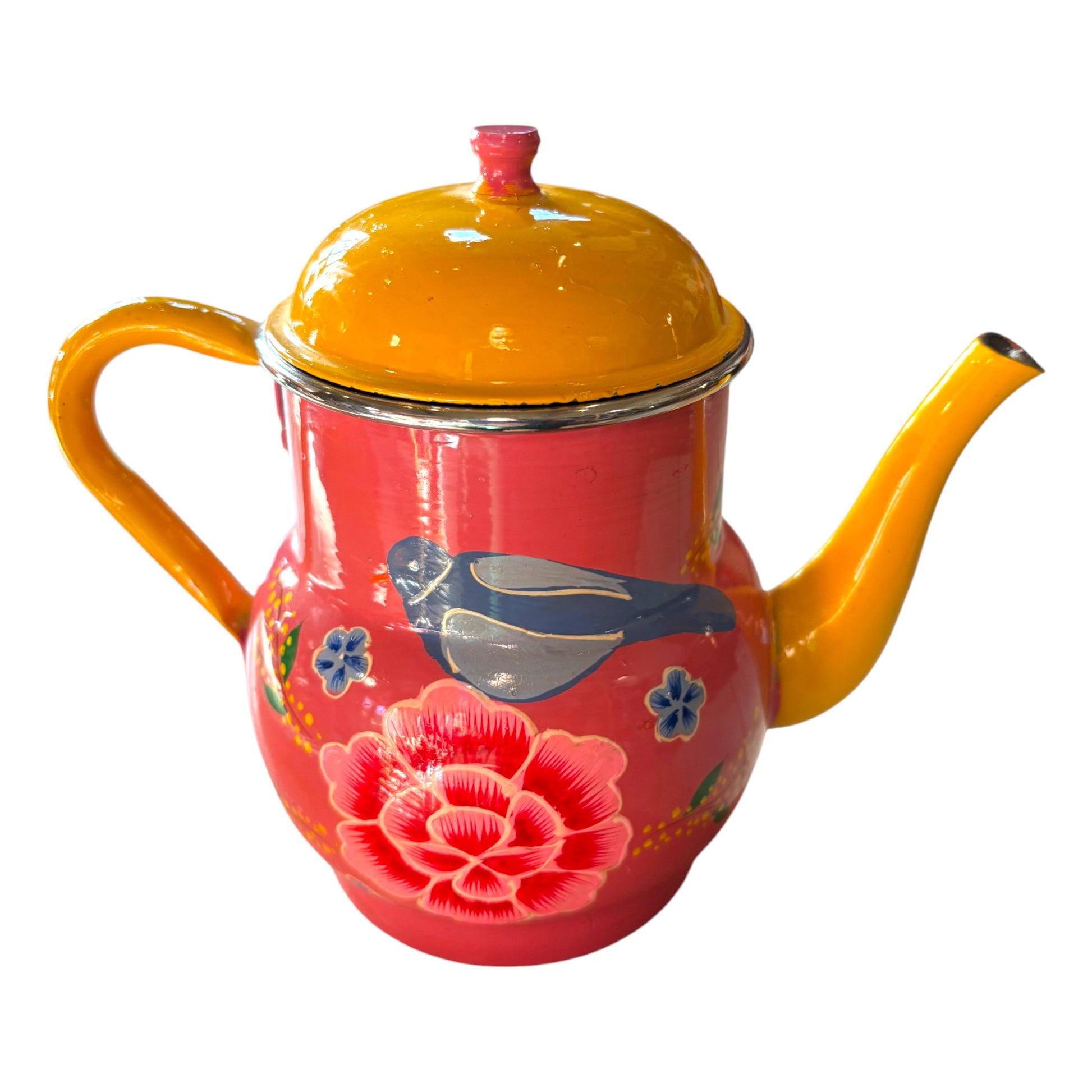 Pink and yellow hand painted enamel teapot