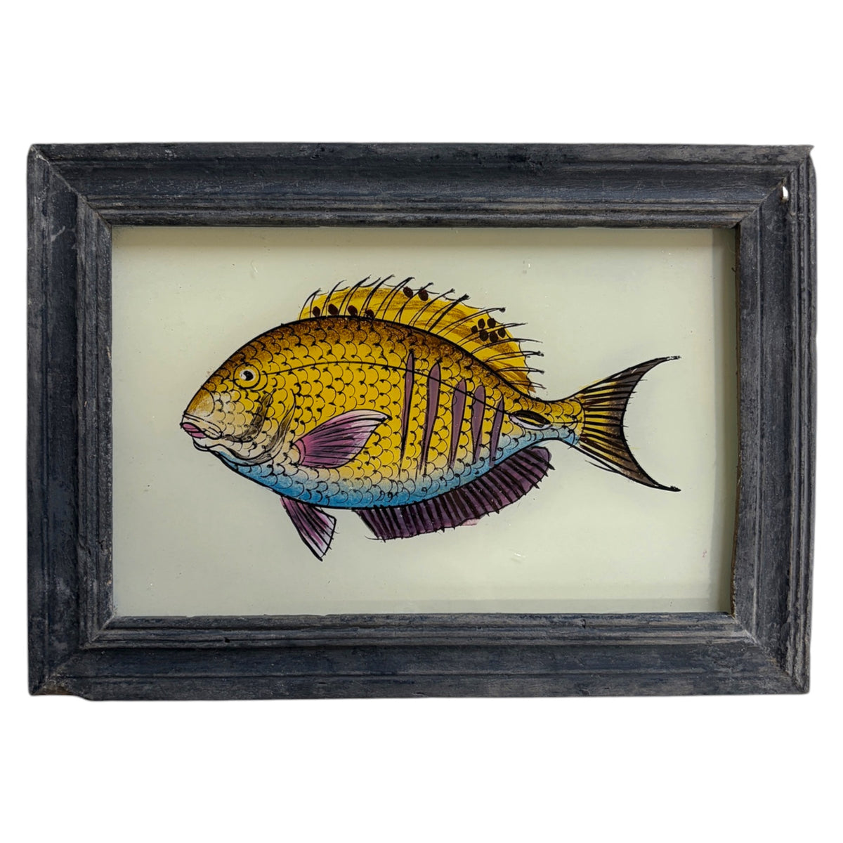 A framed fish art print featuring a detailed illustration of a yellow and blue fish with purple accents, set in a dark rustic wooden frame against a white background.