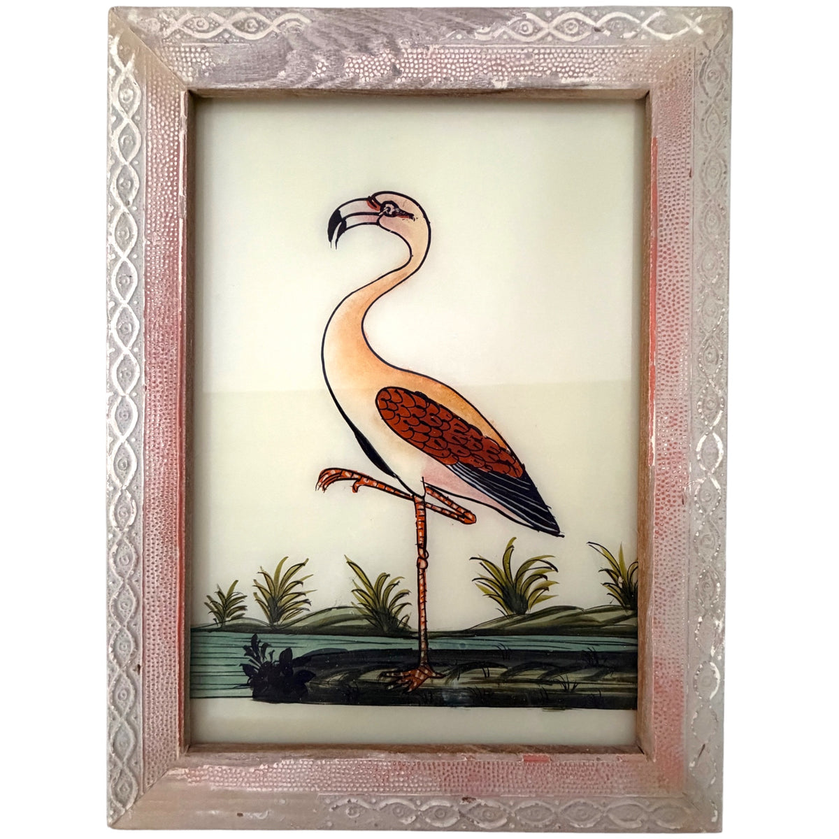 Hand-painted flamingo standing on one leg by a stream, reverse glass painting in a pink and silver embossed frame