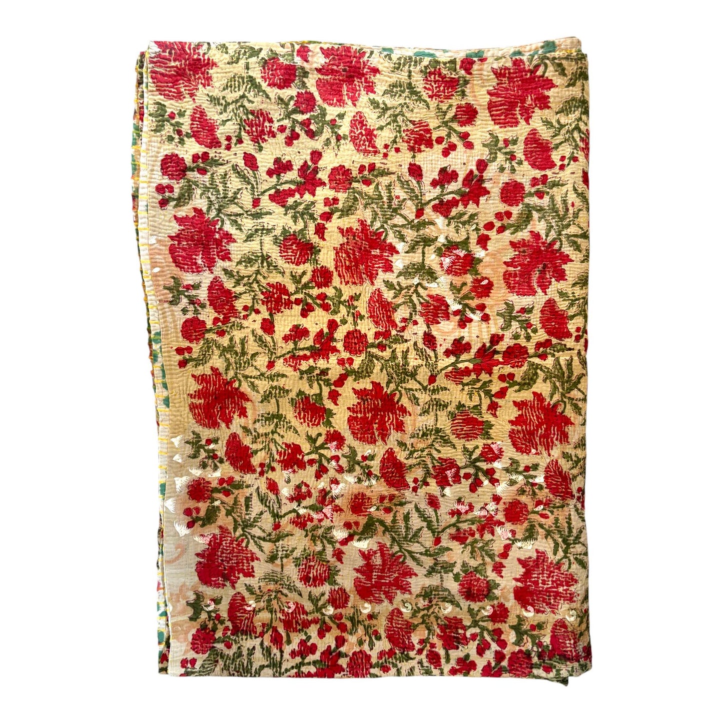 floral red block print kantha quilt