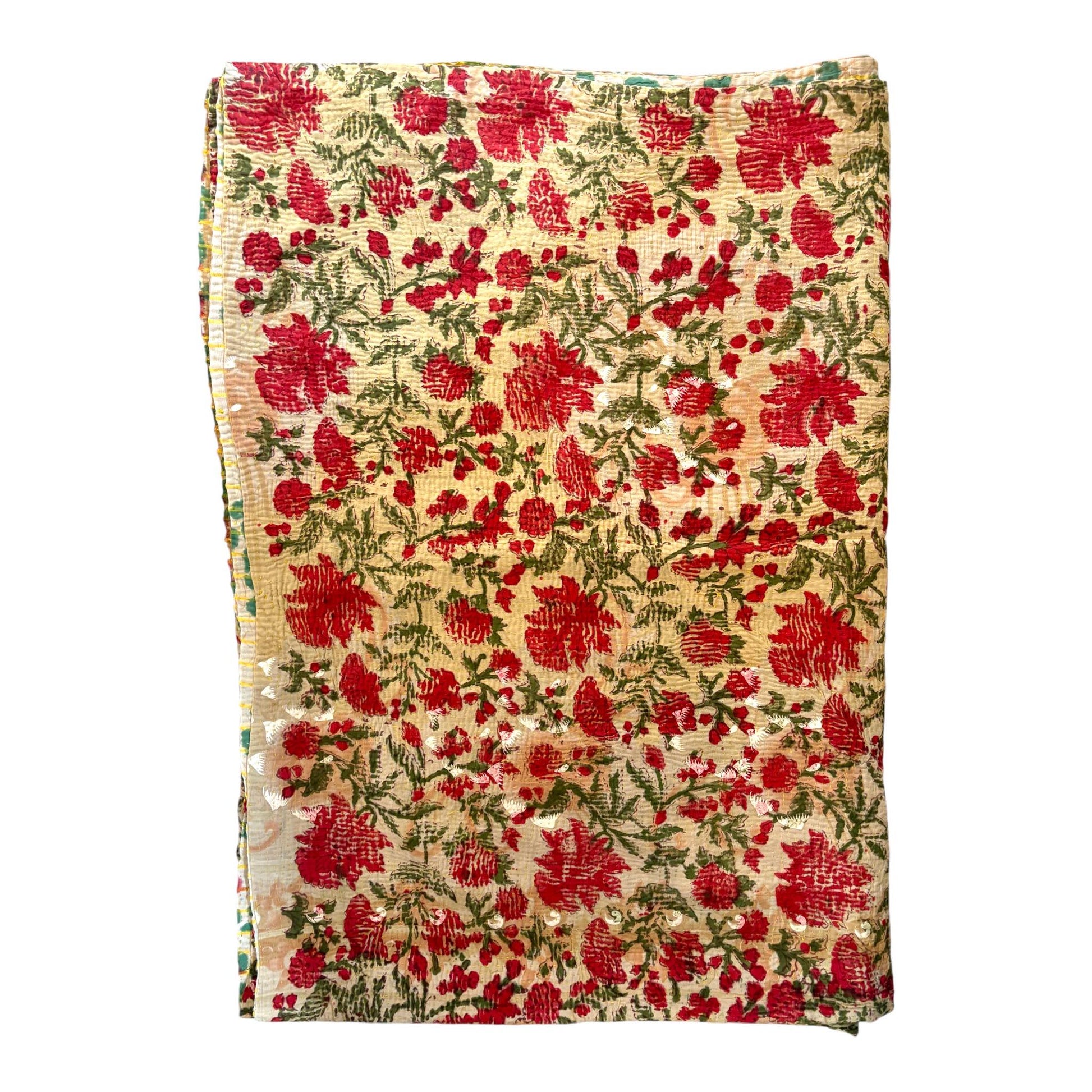 floral red block print kantha quilt