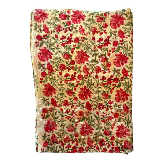 floral red block print kantha quilt