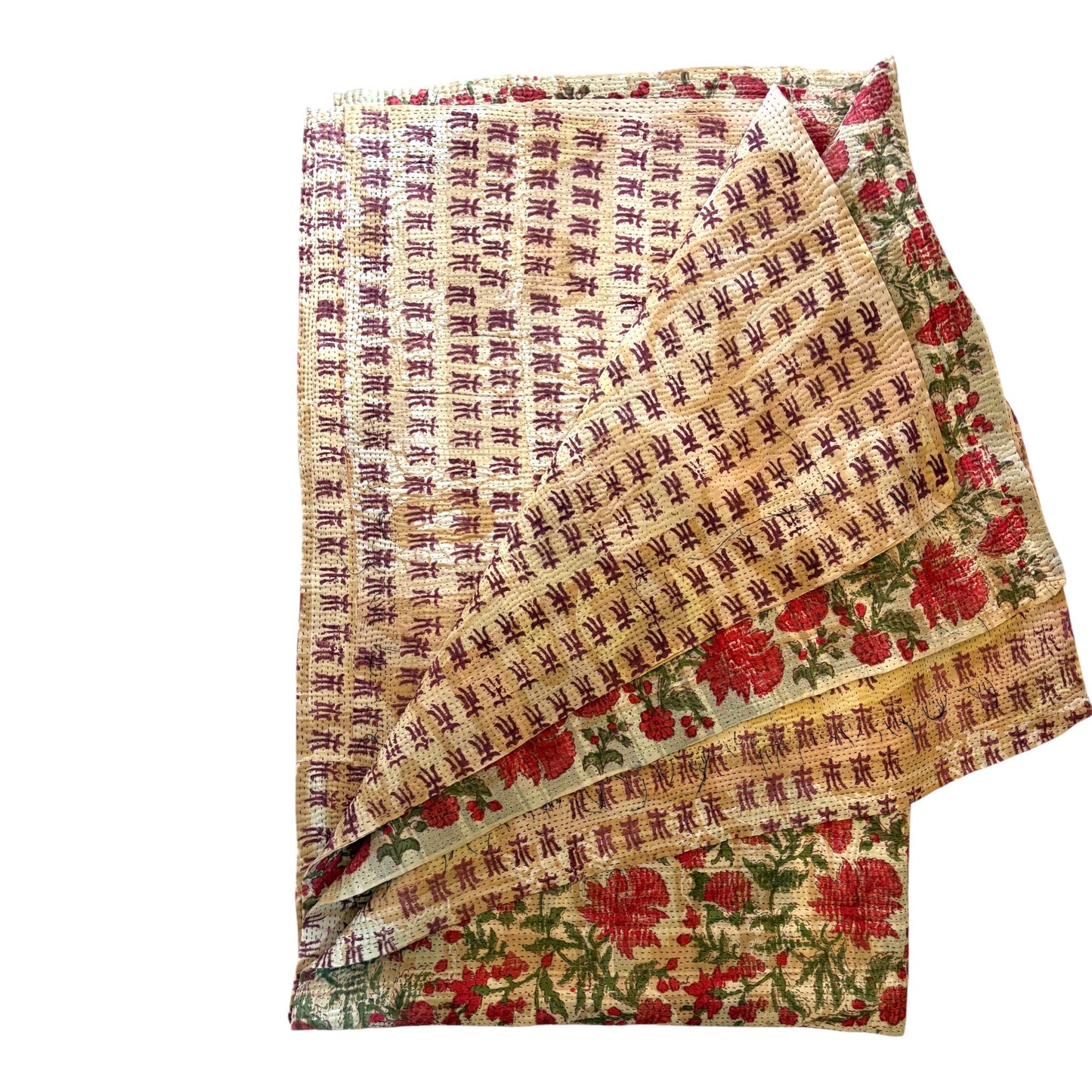 Red floral block print kantha reverse