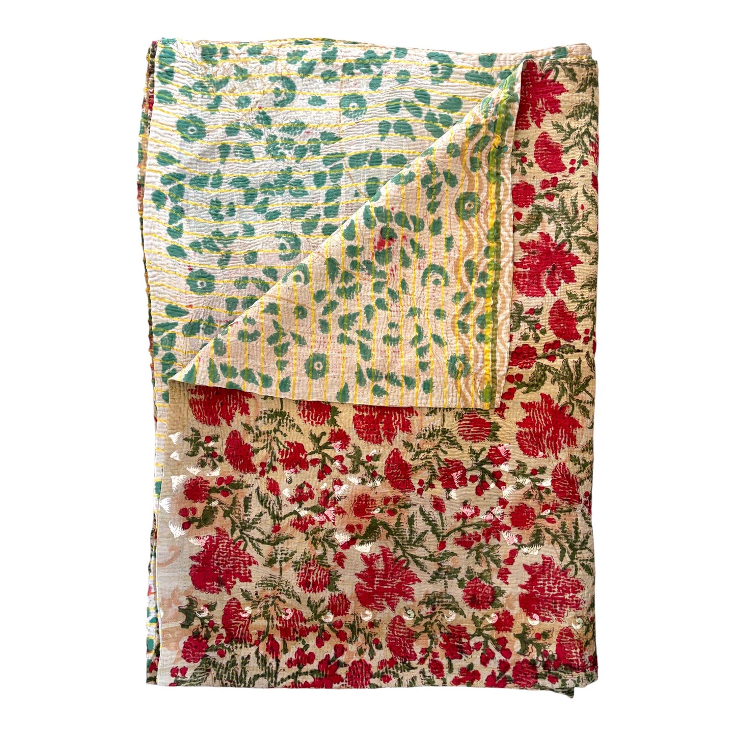 Floral red block print kantha