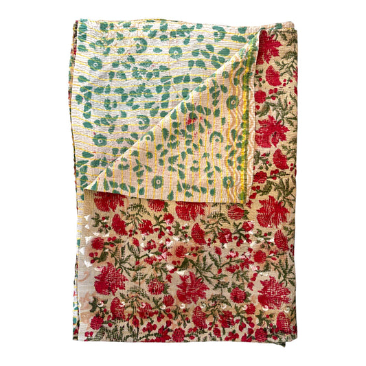 Floral red block print kantha