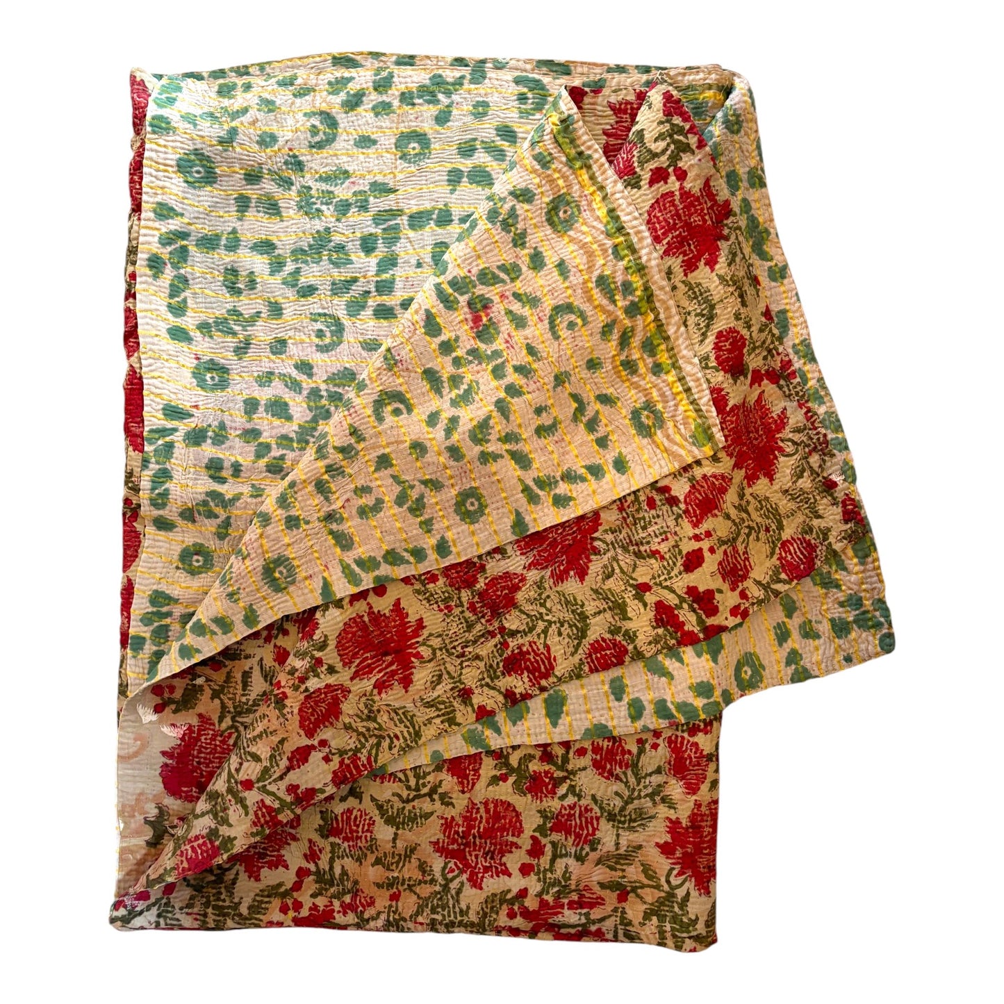 Reverse of floral red block print kantha
