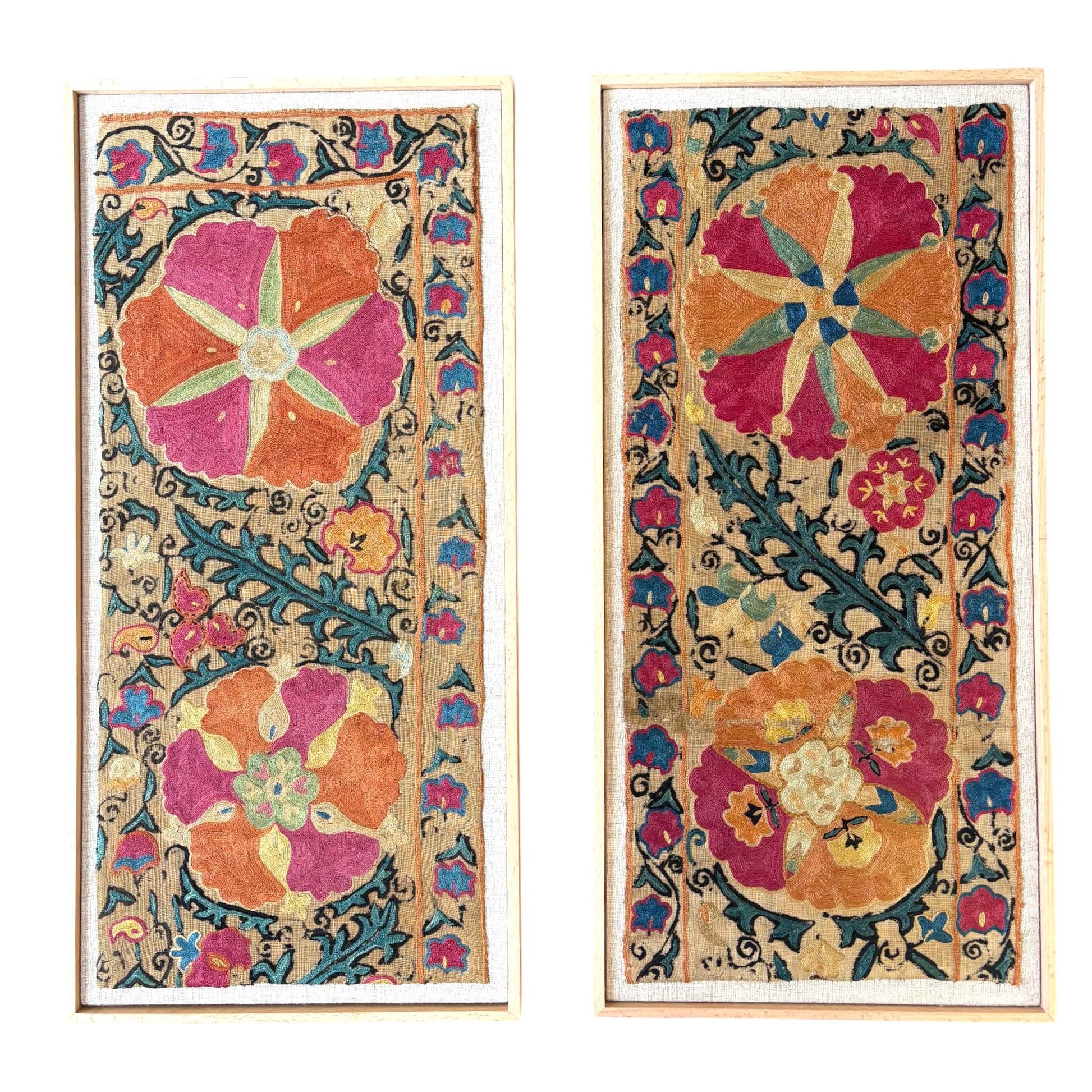 Framed Uzbek suzani fragments