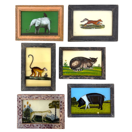 Six framed reverse glass paintings of an elephant with a monkey, a fox, a lemur, a tabby cat, a cheetah and a pig in aged wooden frames
