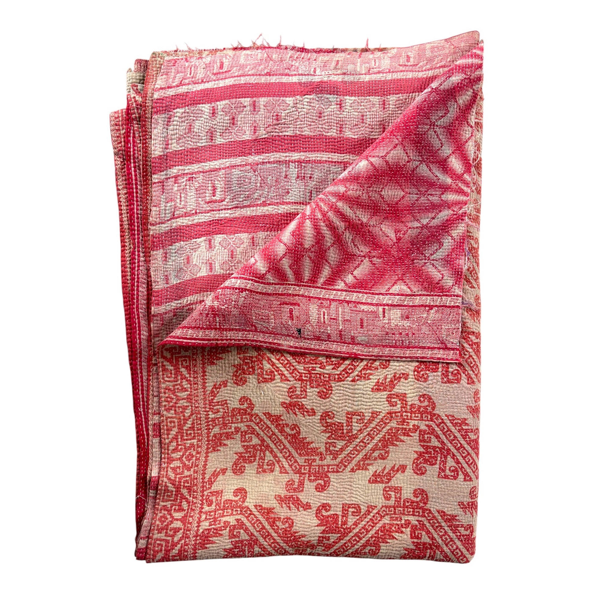 Geometric red kantha quilt
