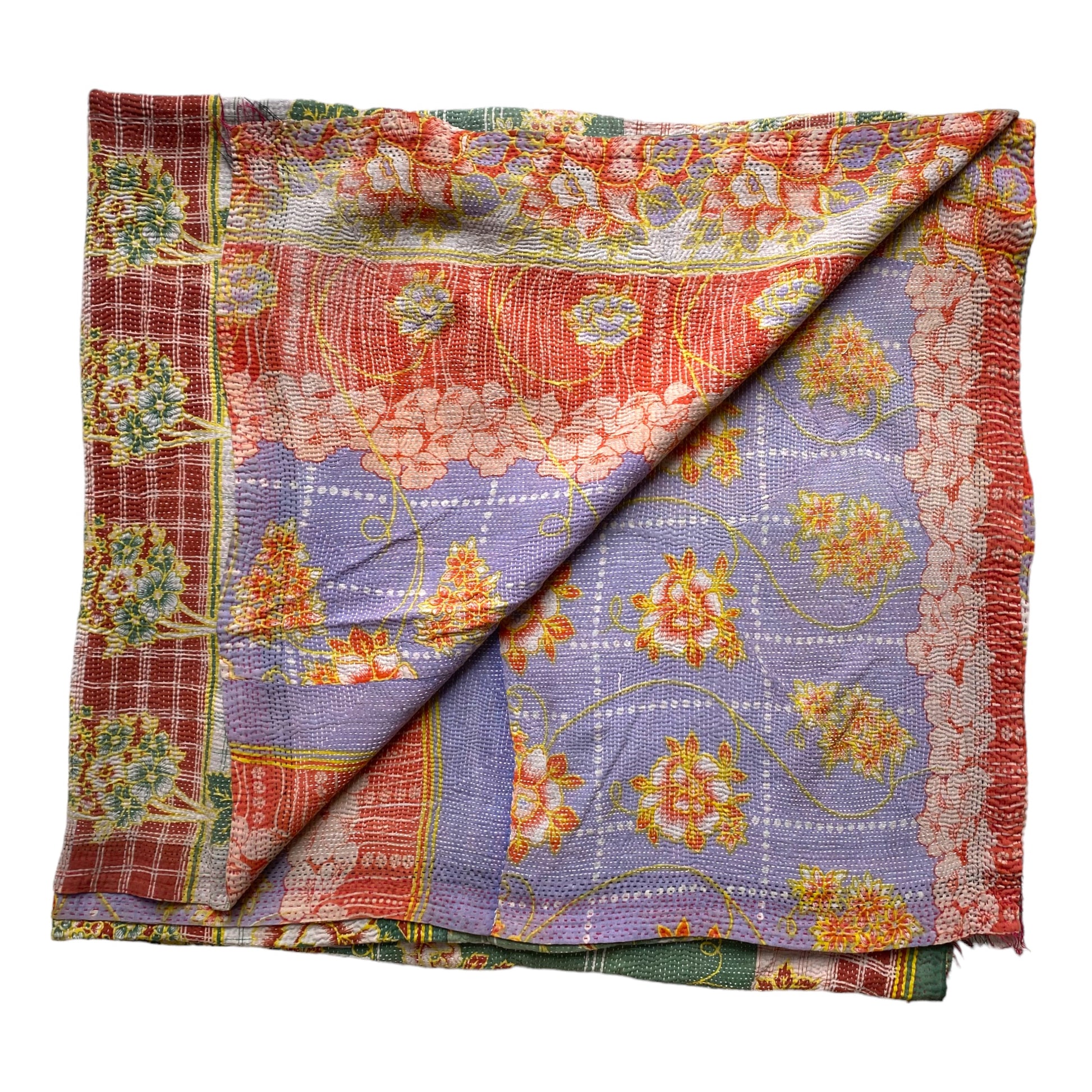 Green and ginger kantha quilt
