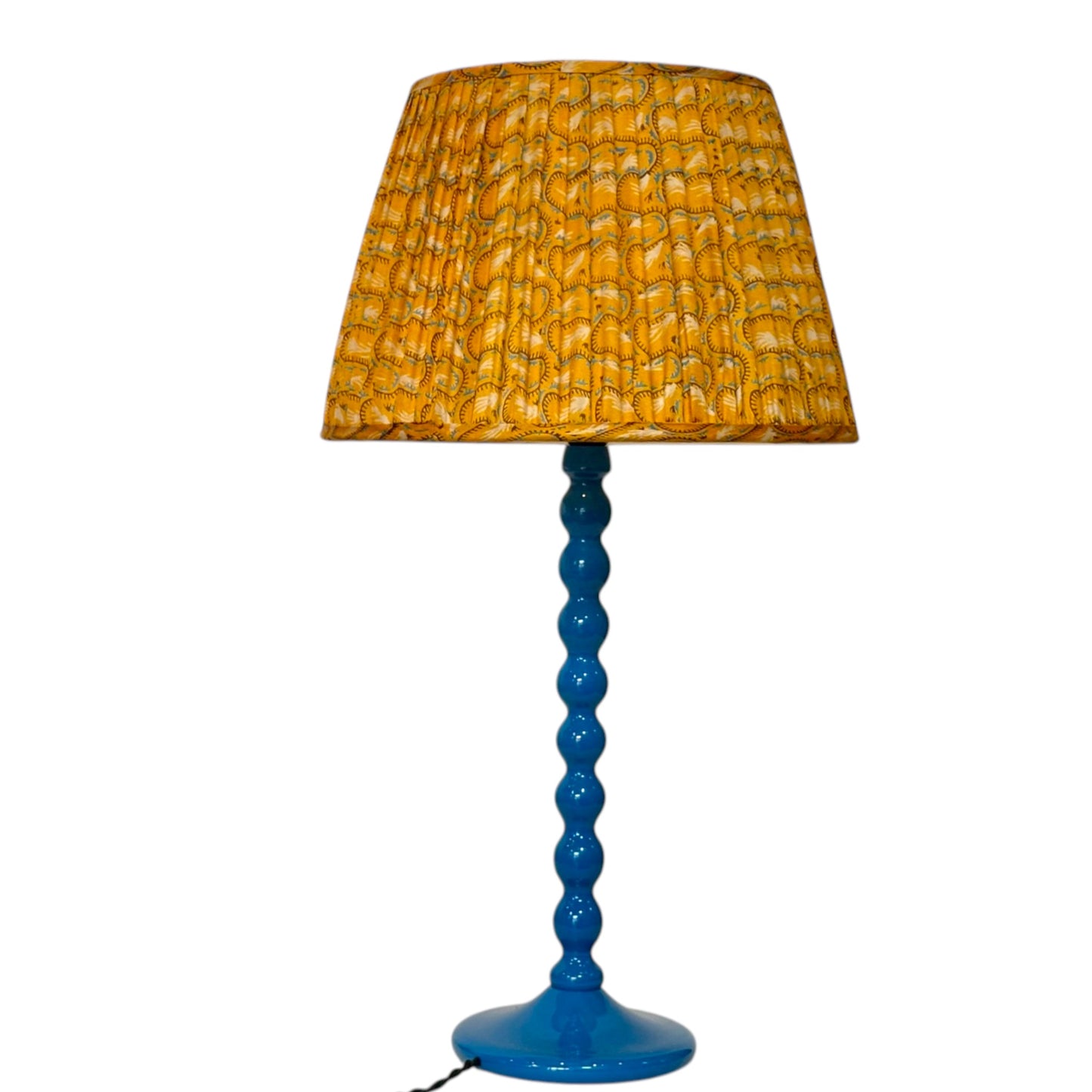 Gold vintage silk sari lampshade on blue bubble lamp