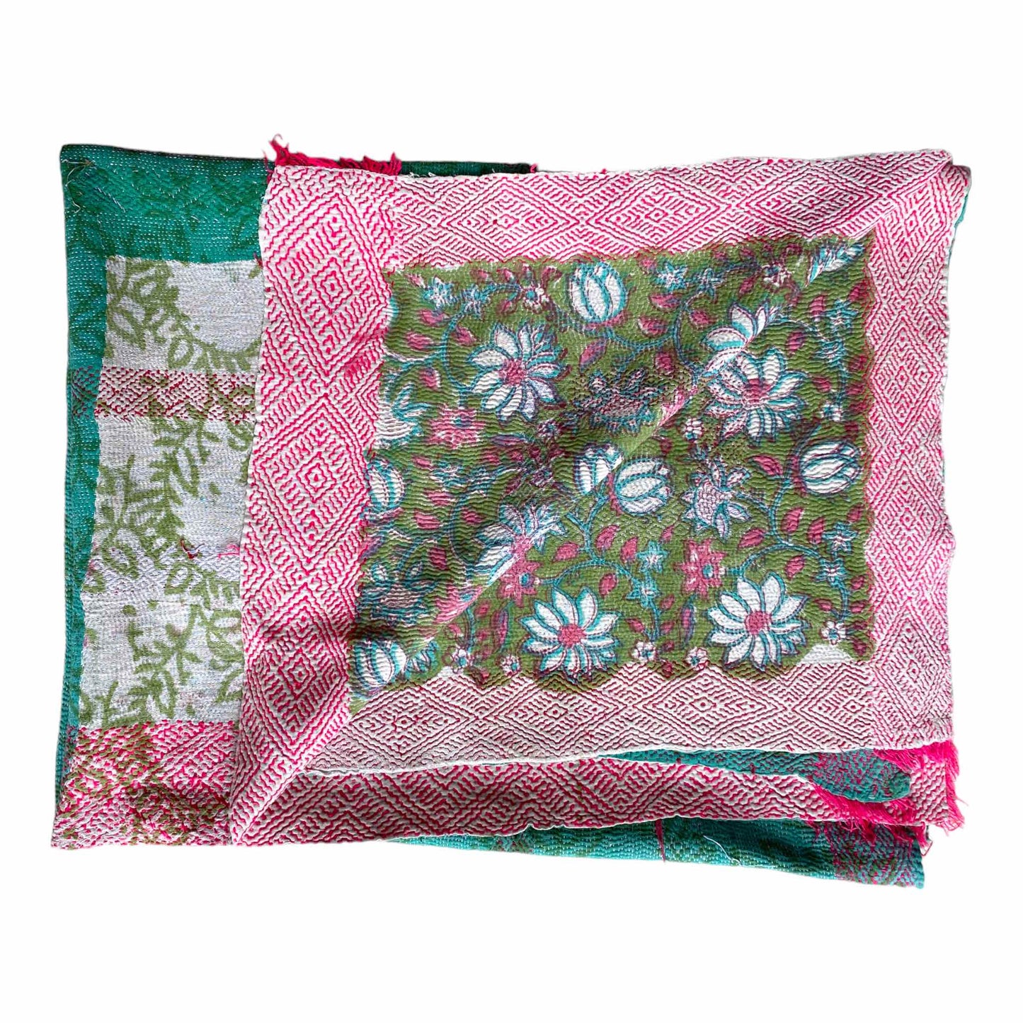 Green and pink block print kantha folded