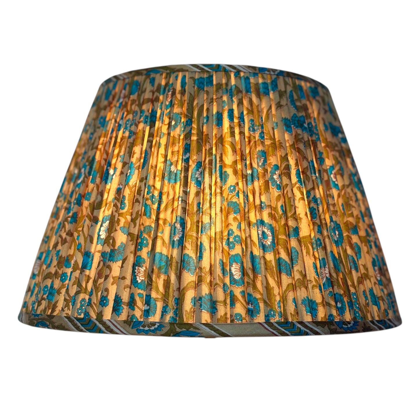 A gathered fabric lampshade featuring a gold and turquoise blue patterned design, shown against a plain white background.