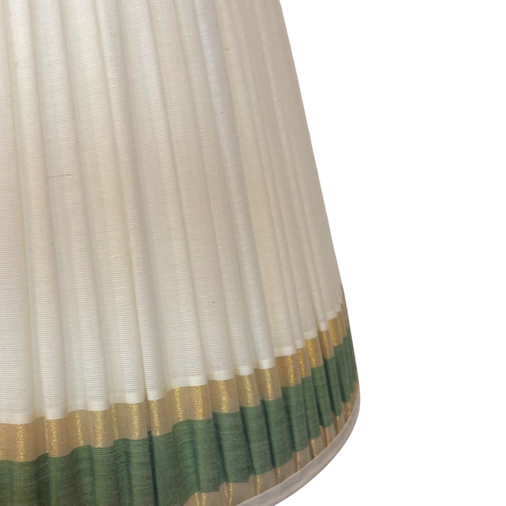 Close up of green and dull gold keralan cotton lampshade