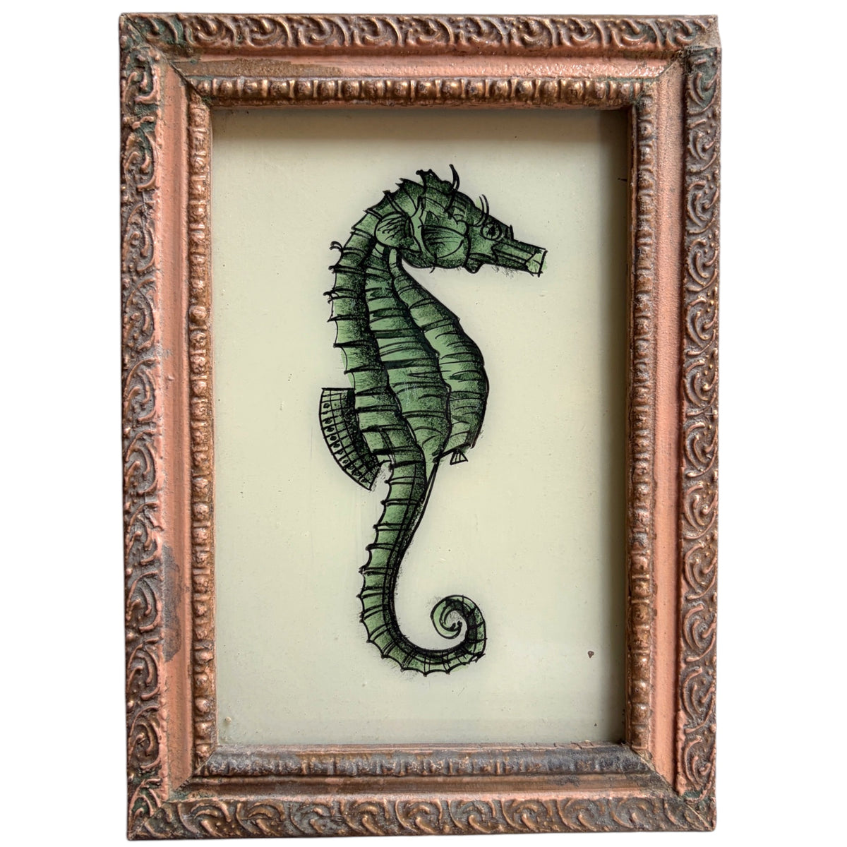 A framed art print featuring a detailed green seahorse illustration on a cream background, enclosed in an ornate distressed bronze-brown frame.