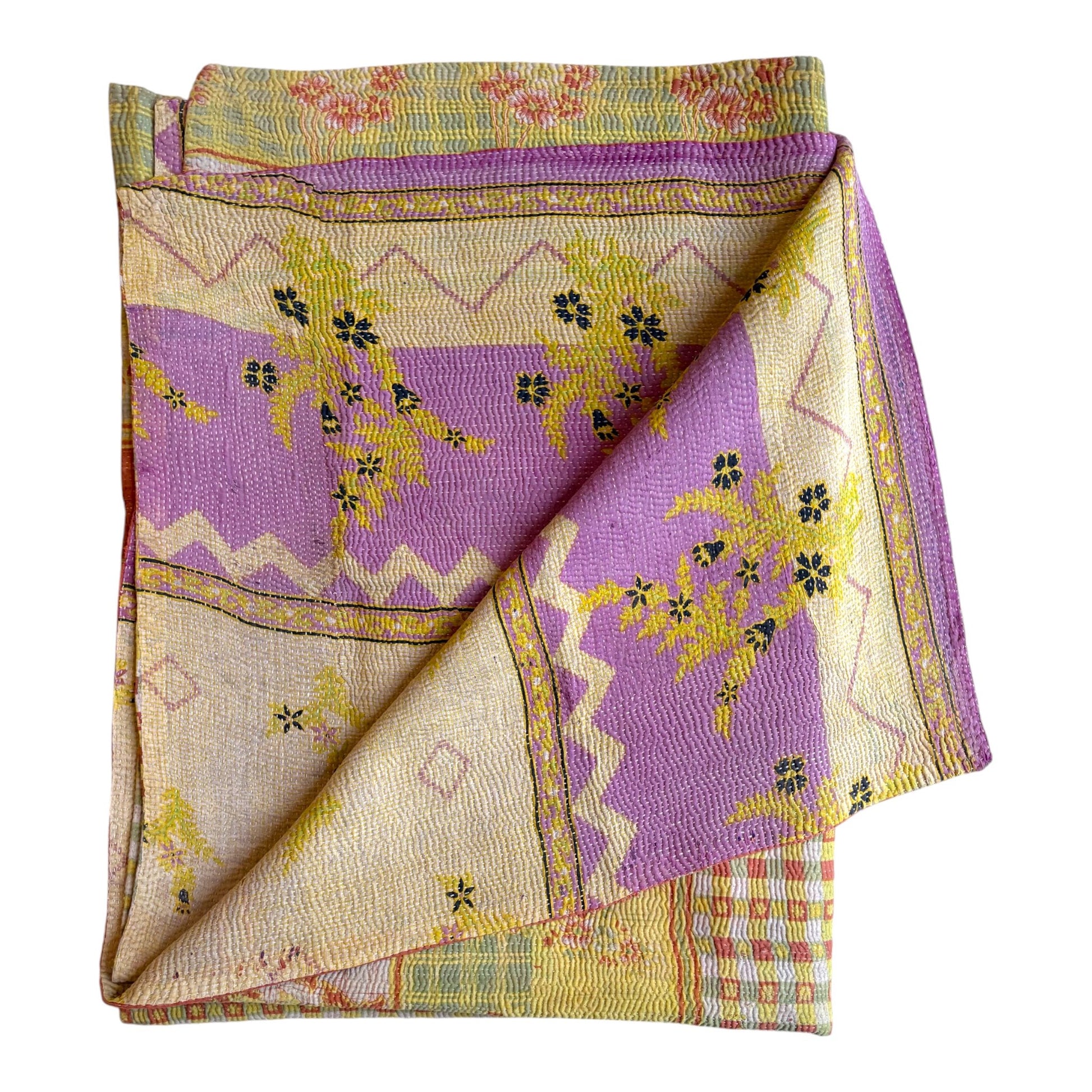 Green amber and yellow vintage kantha quilt