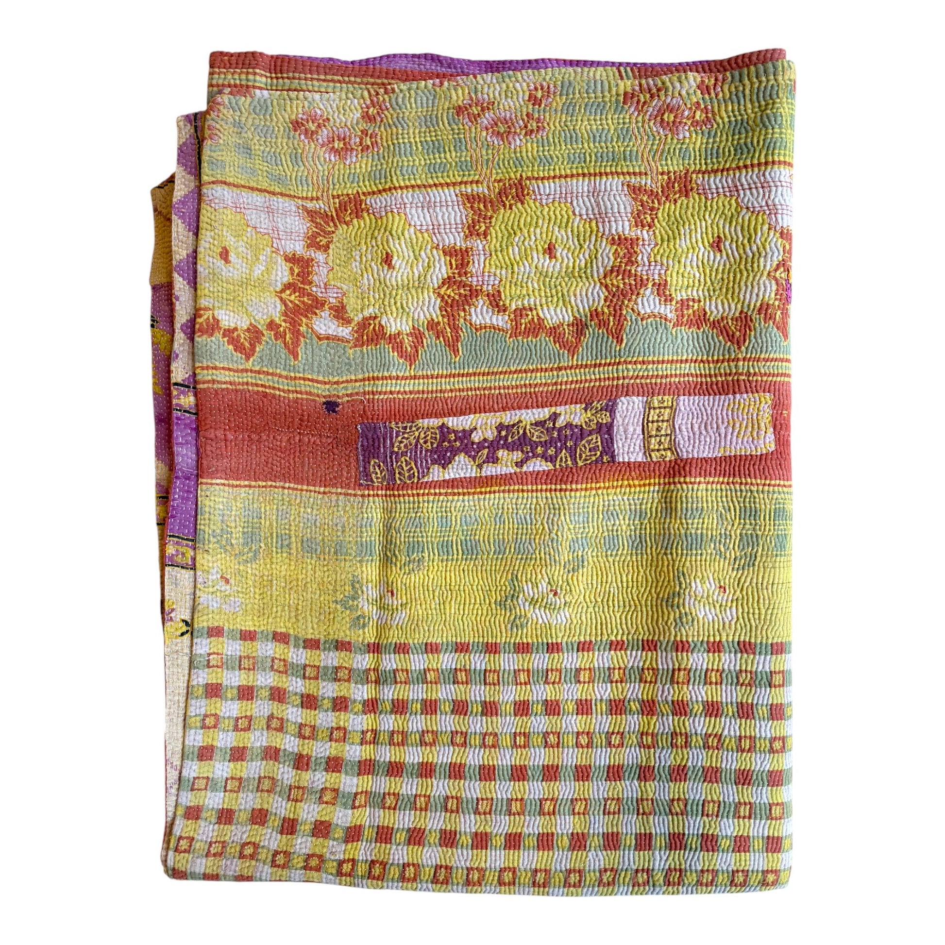 green and yellow kantha quilt