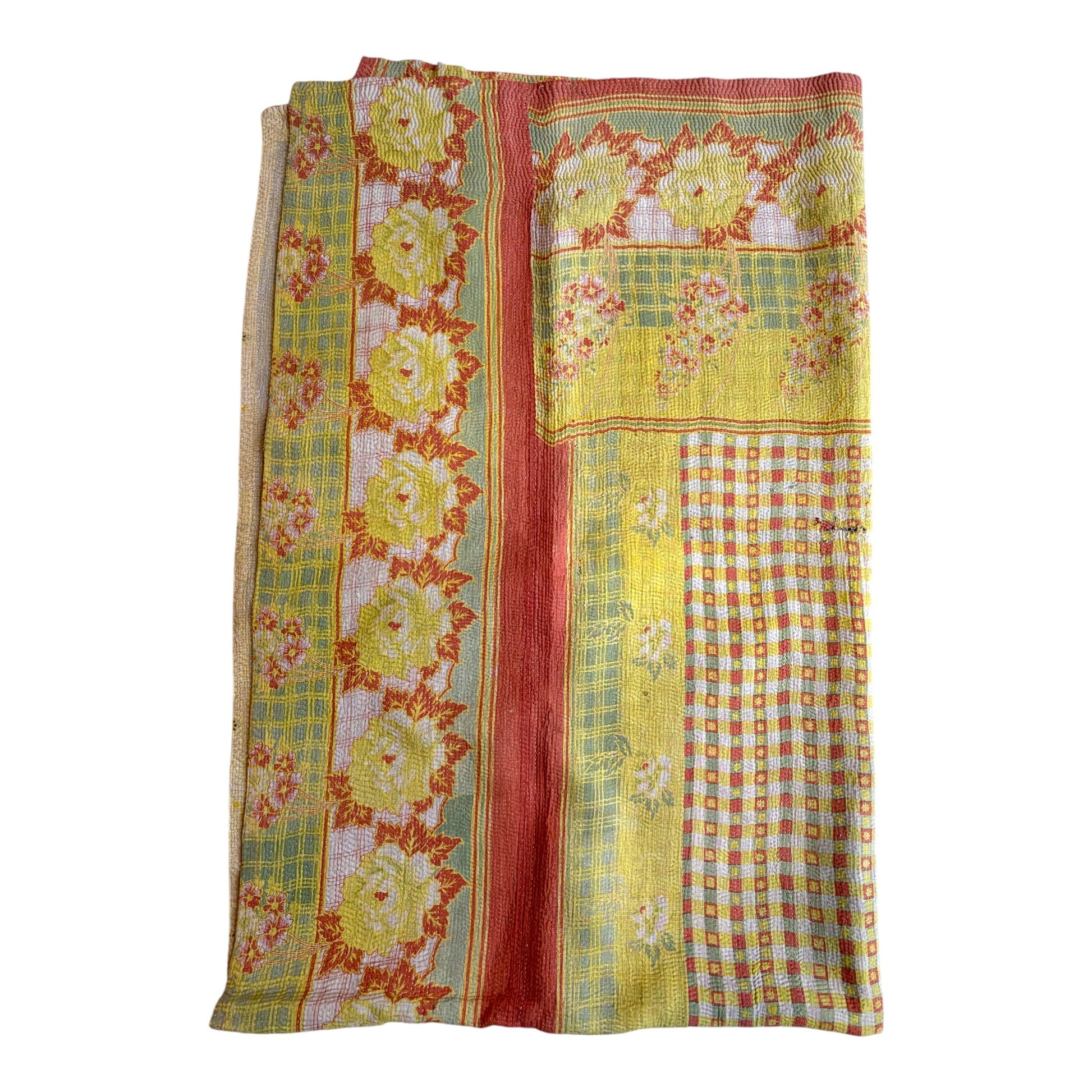 Green amber and yellow kantha quilt