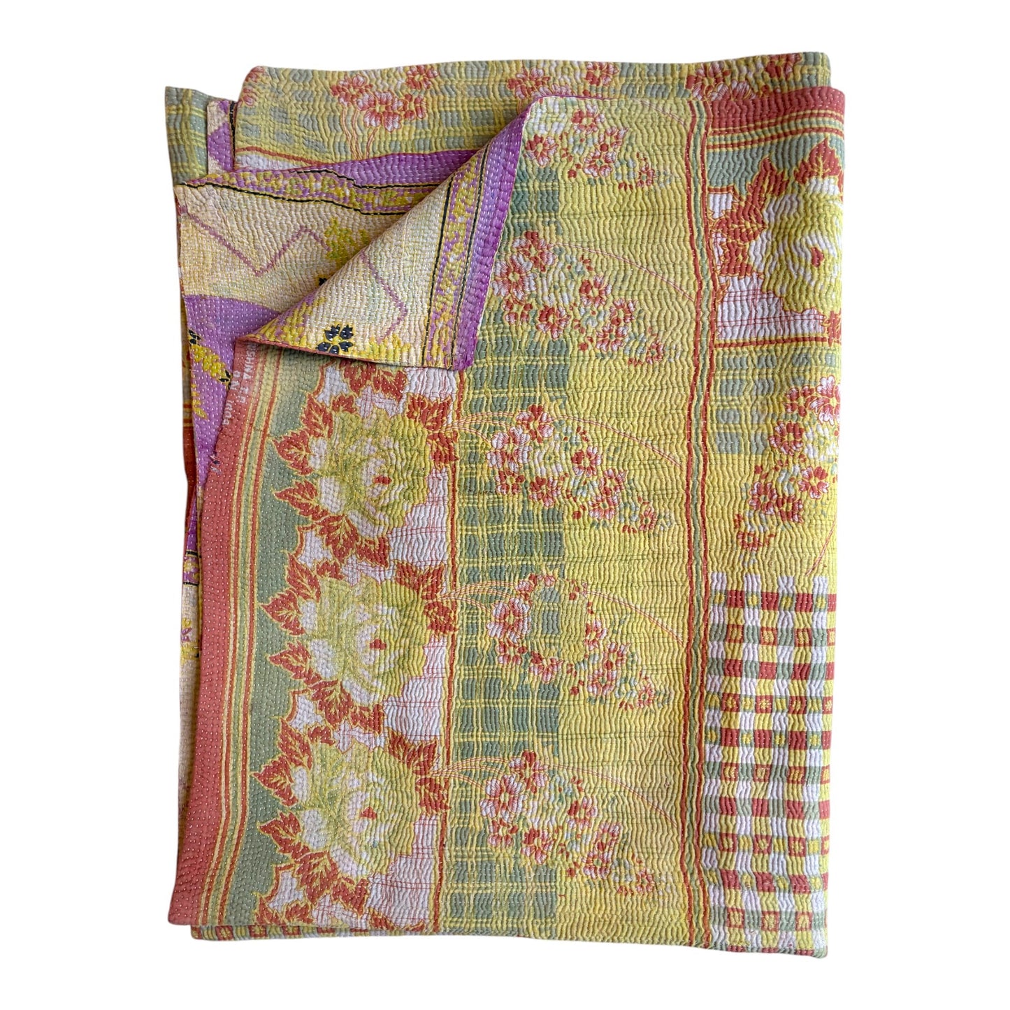 Green amber and yellow kantha quilt folded