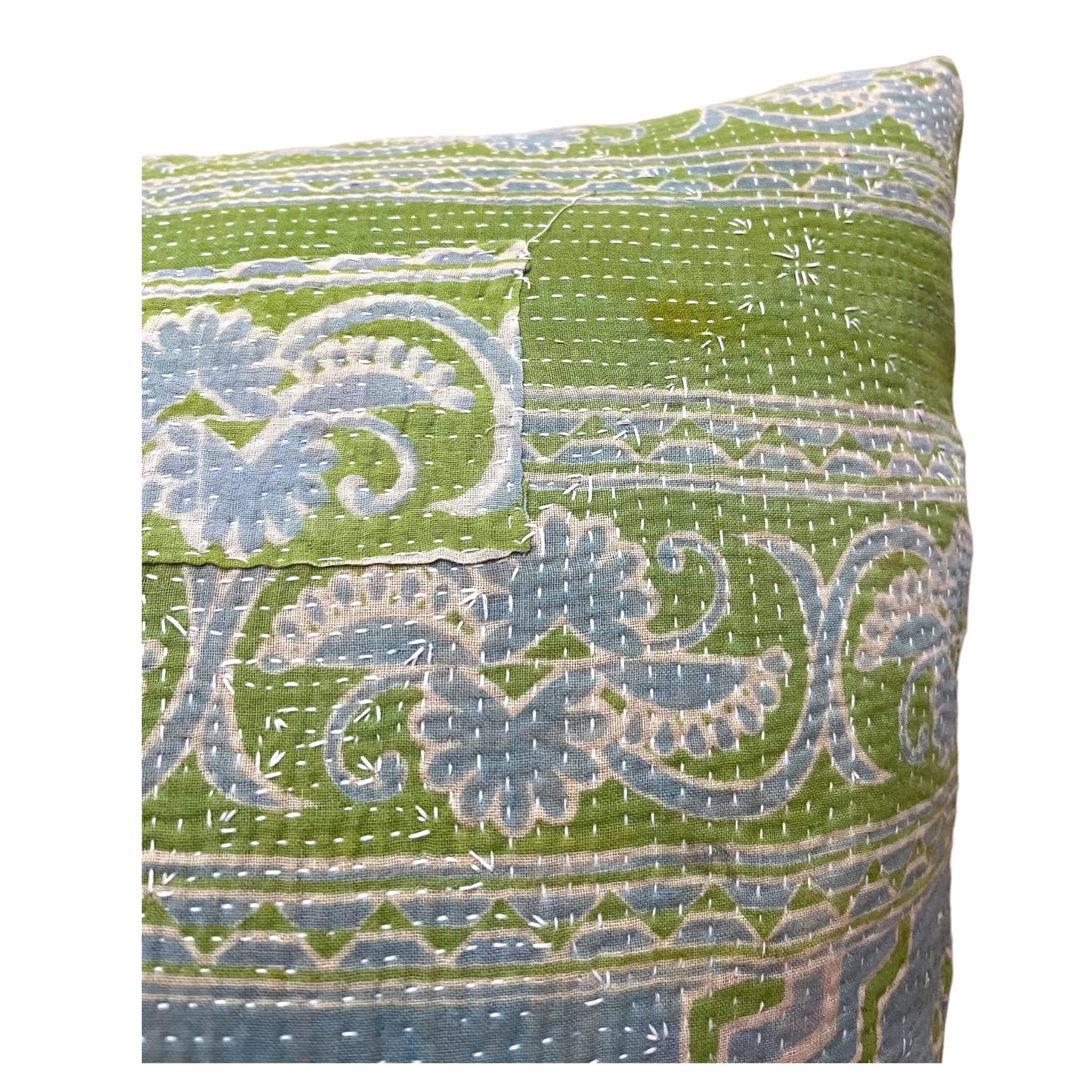 Green and blue kantha cushion close up