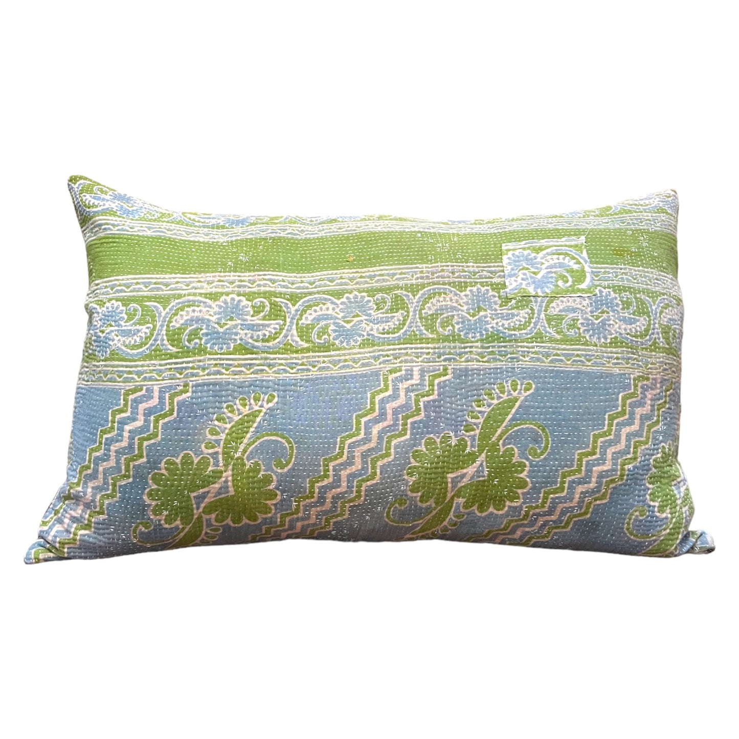 Green and blue kantha cushion rectangle