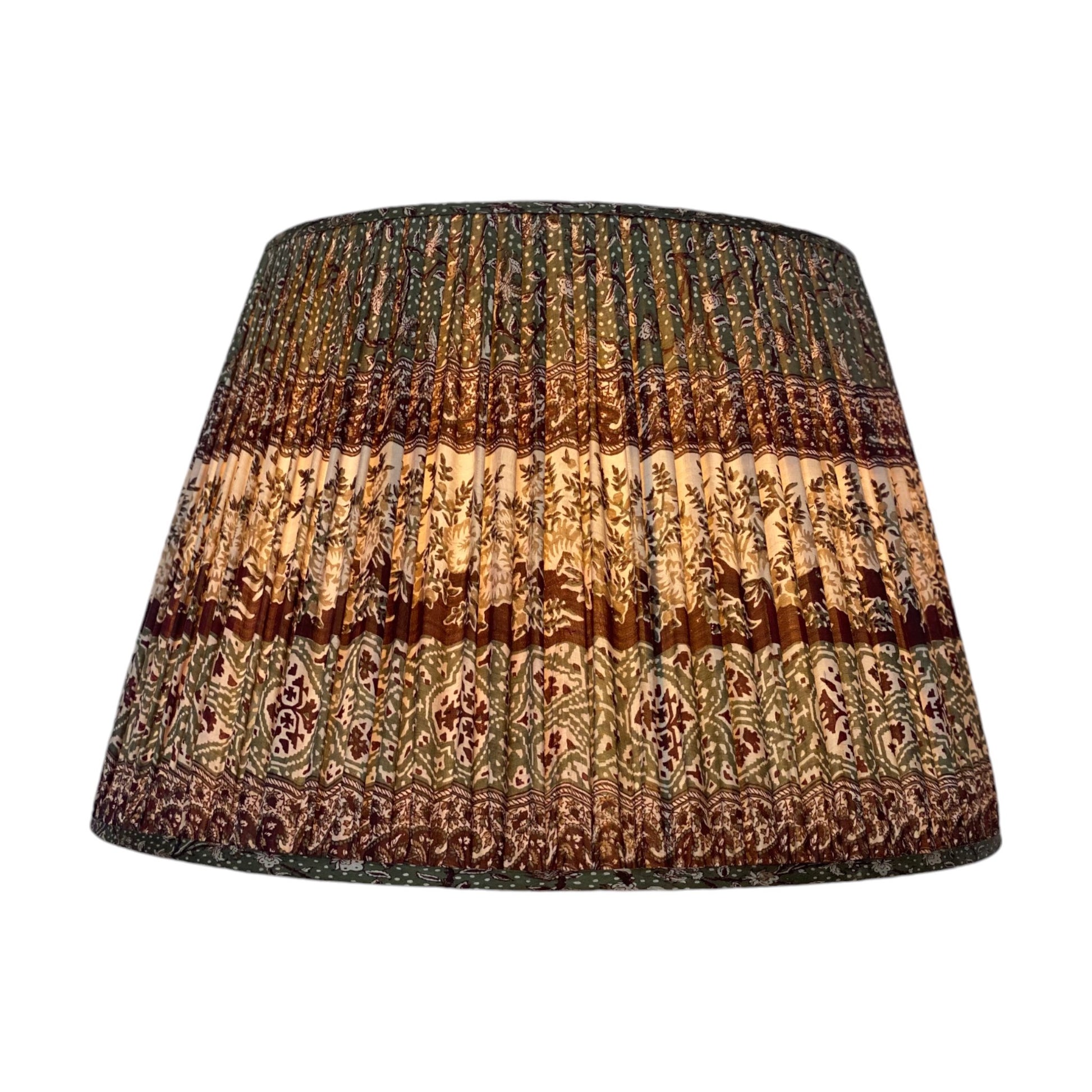 Green and brown sari lampshade lit
