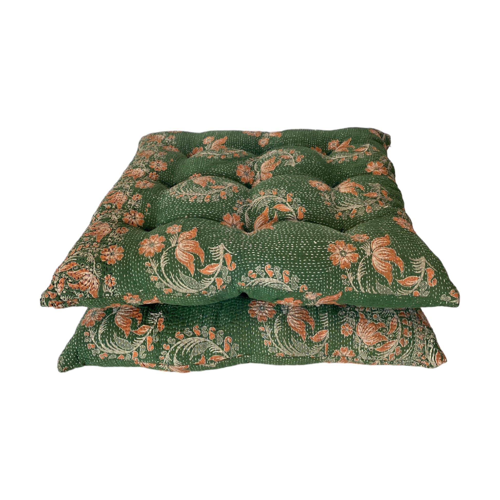 Green floral Kantha cushion 2