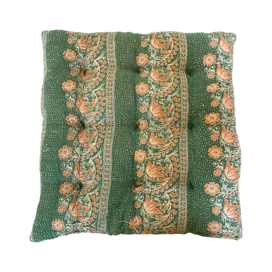 Green floral kantha seat cushion